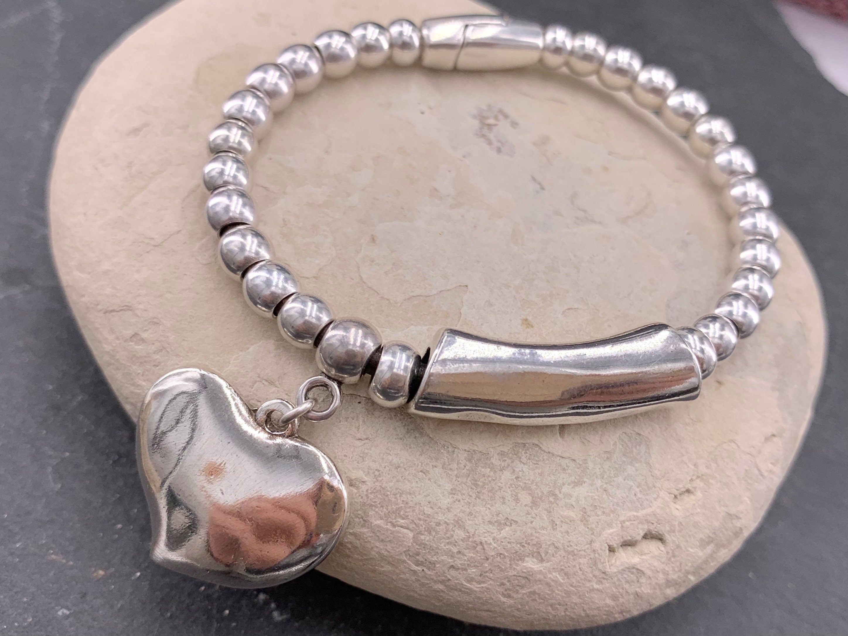 Chunky Silver Beaded Bracelet – Heart Pendant & Tube Charm – Handmade Leather Jewelry – Kukuri Jewelry