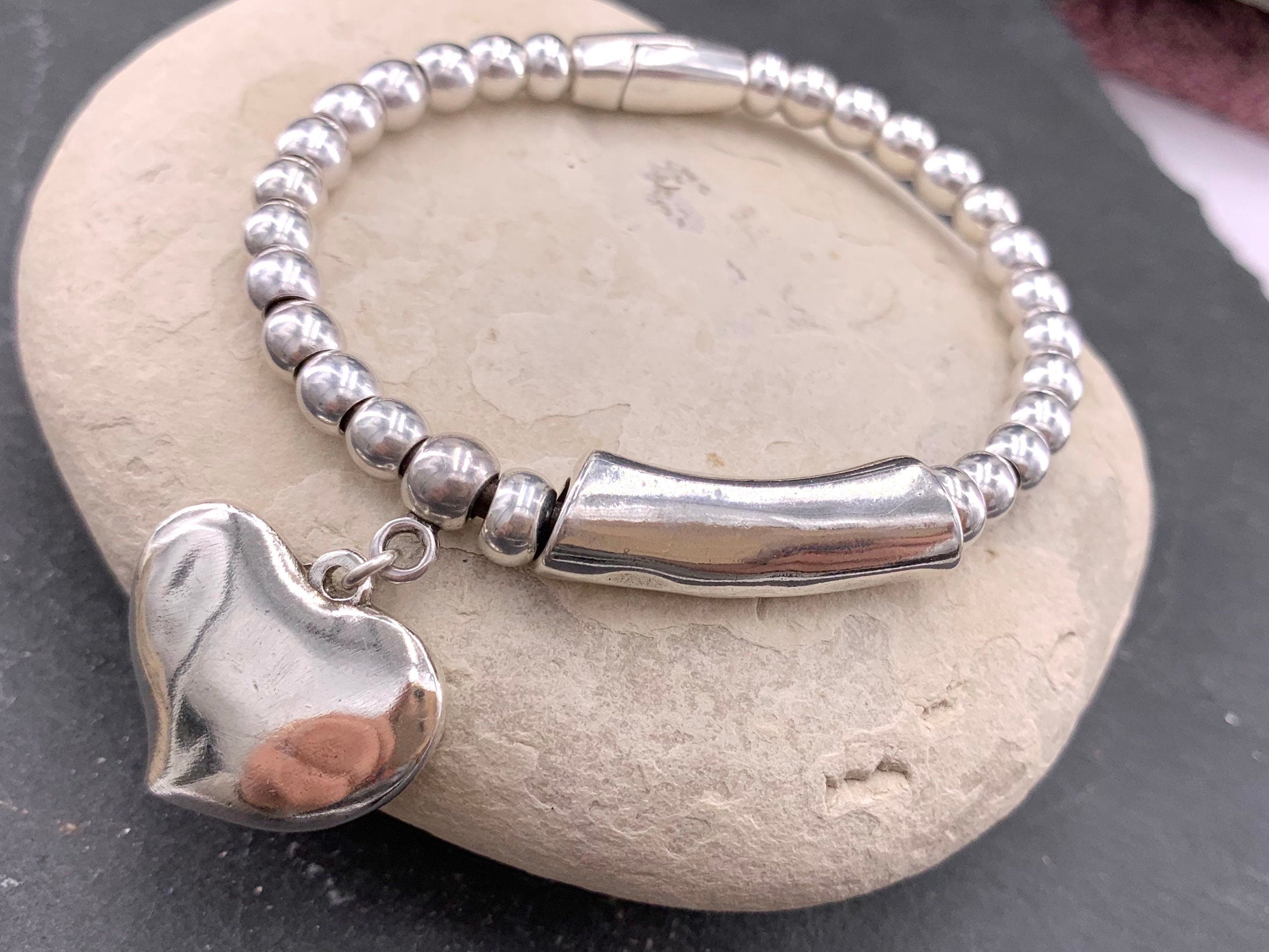 Chunky Silver Beaded Bracelet – Heart Pendant & Tube Charm – Handmade Leather Jewelry – Kukuri Jewelry