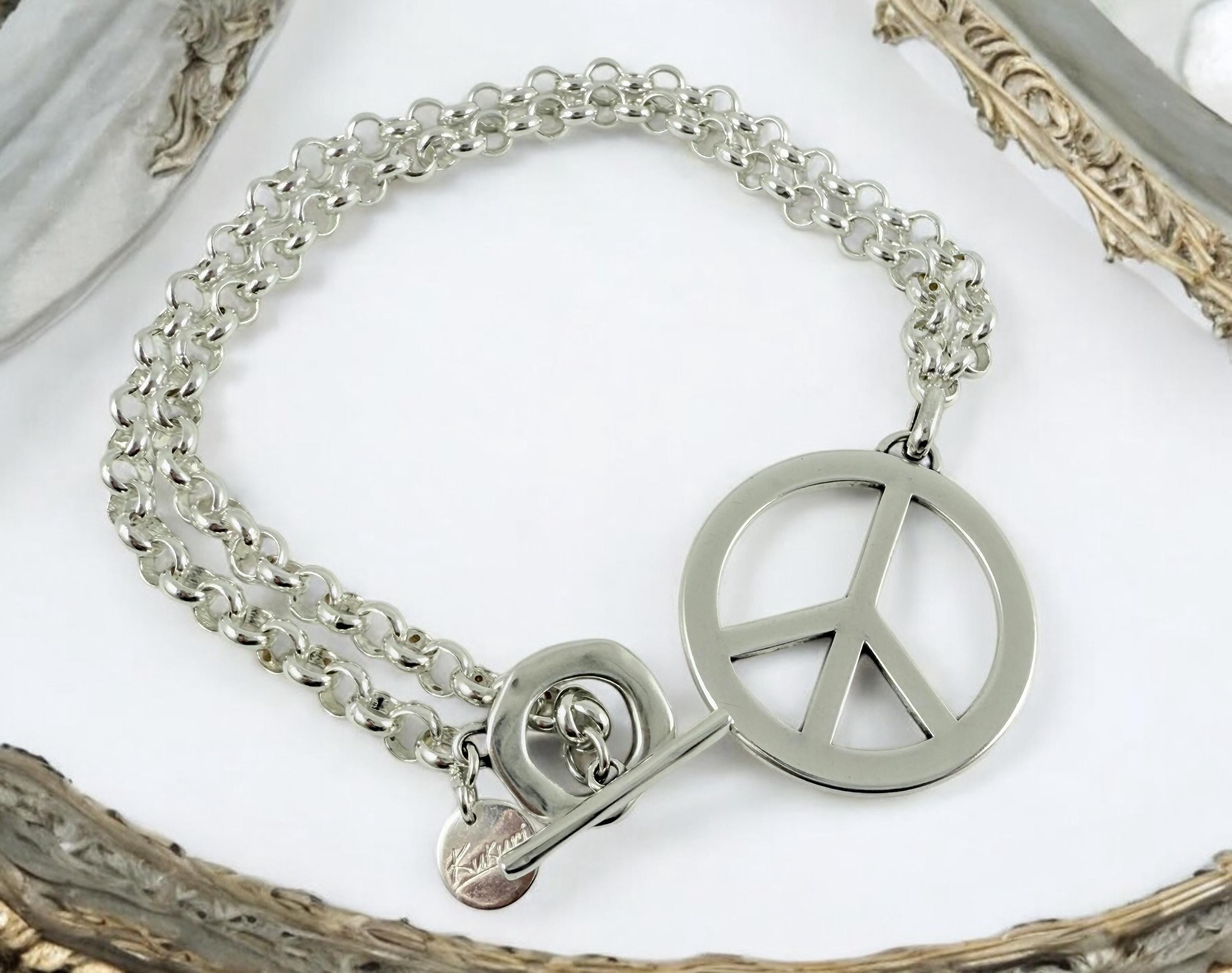 Big peace symbol pendant chunky chain silver necklace, statement pendant bold chain necklace, bulky necklace, uno de 50 style necklace