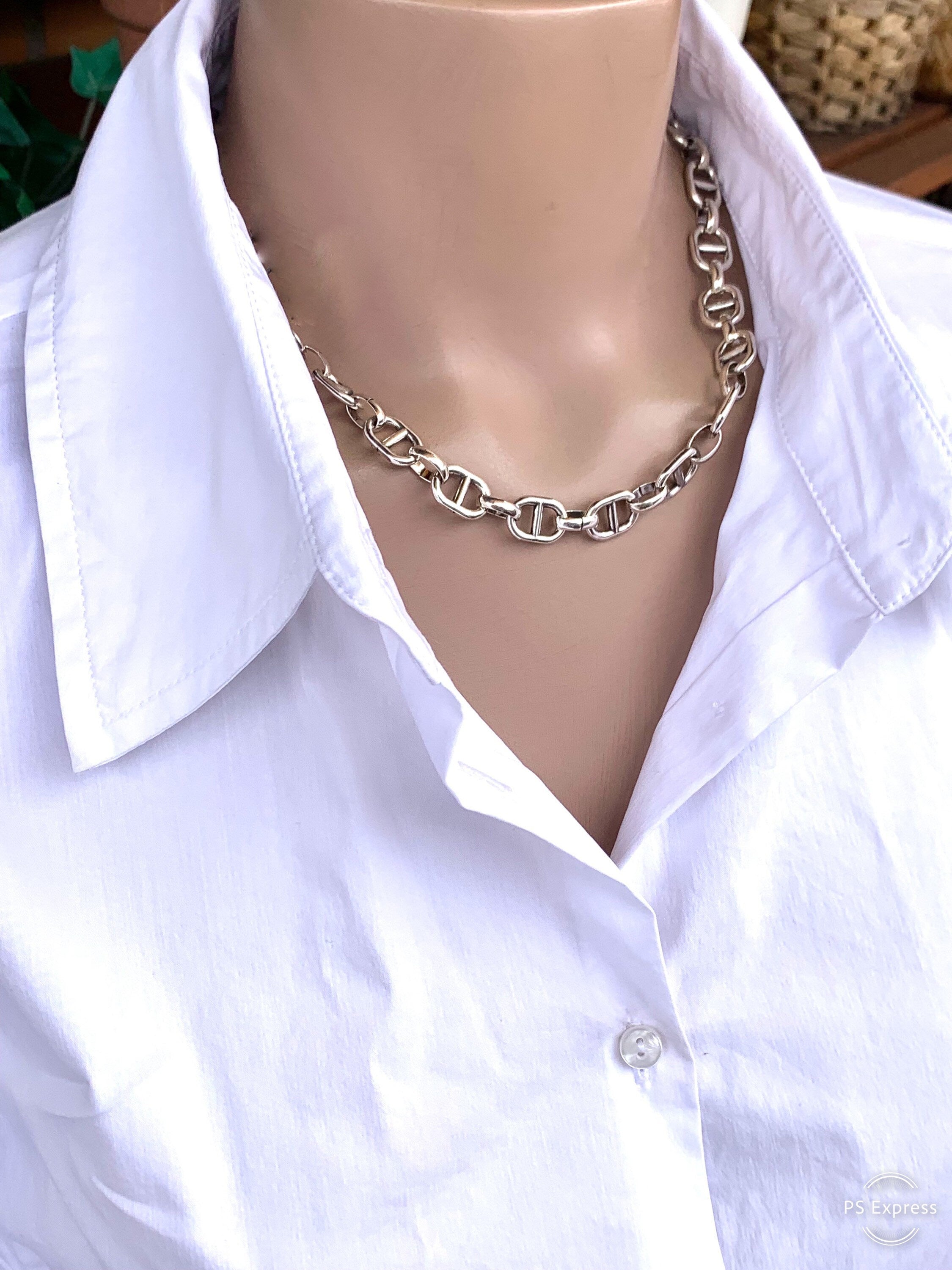 chunky silver chain necklace, silver chain choker, chunky choker, bold necklace, curve chain necklace, uno de 50 style, bold chain necklace