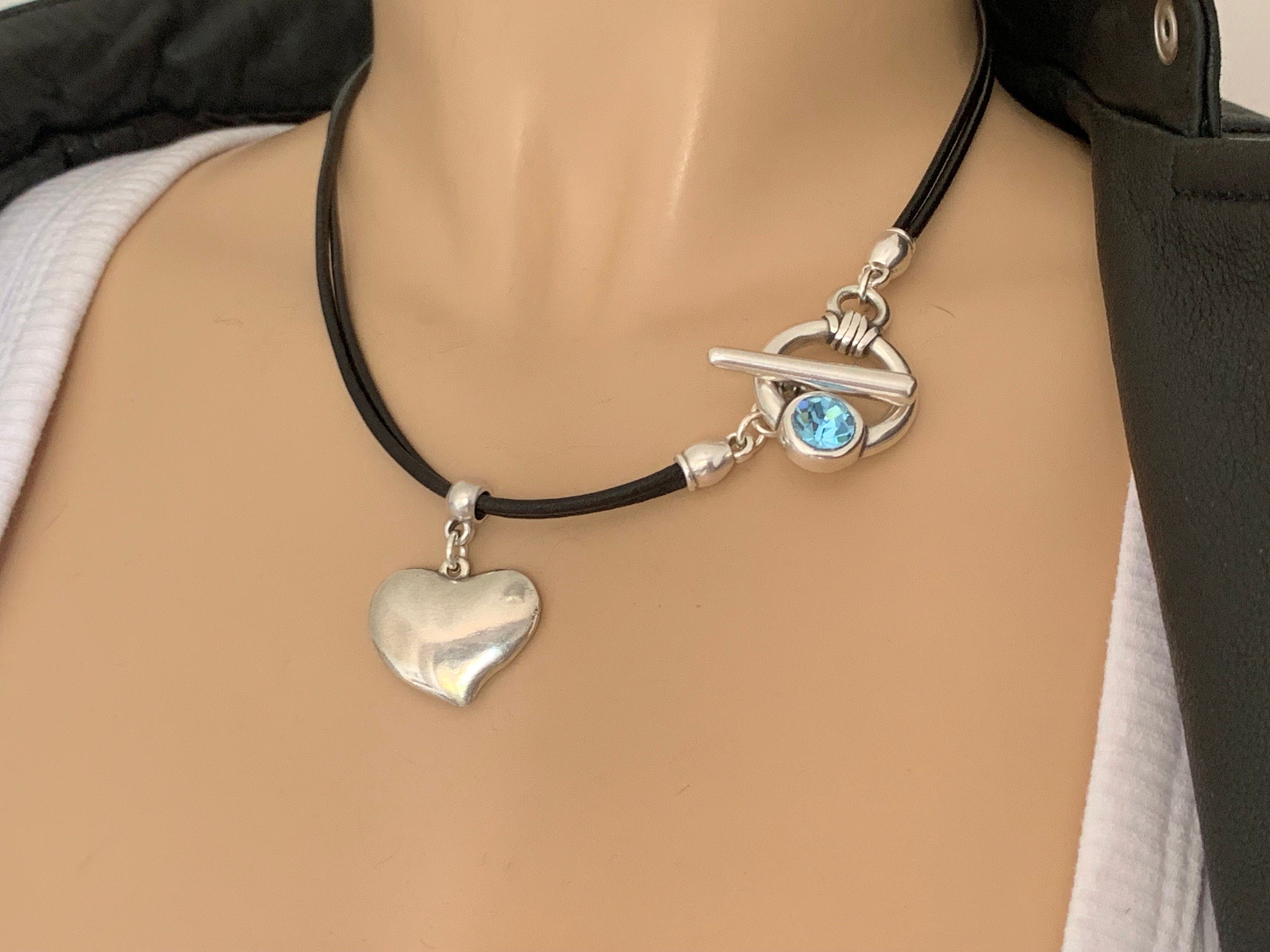 Heart pendant leather and silver toggle clasp swarovski crystal necklace, ideal necklace for mother gift, everyday original jewelry