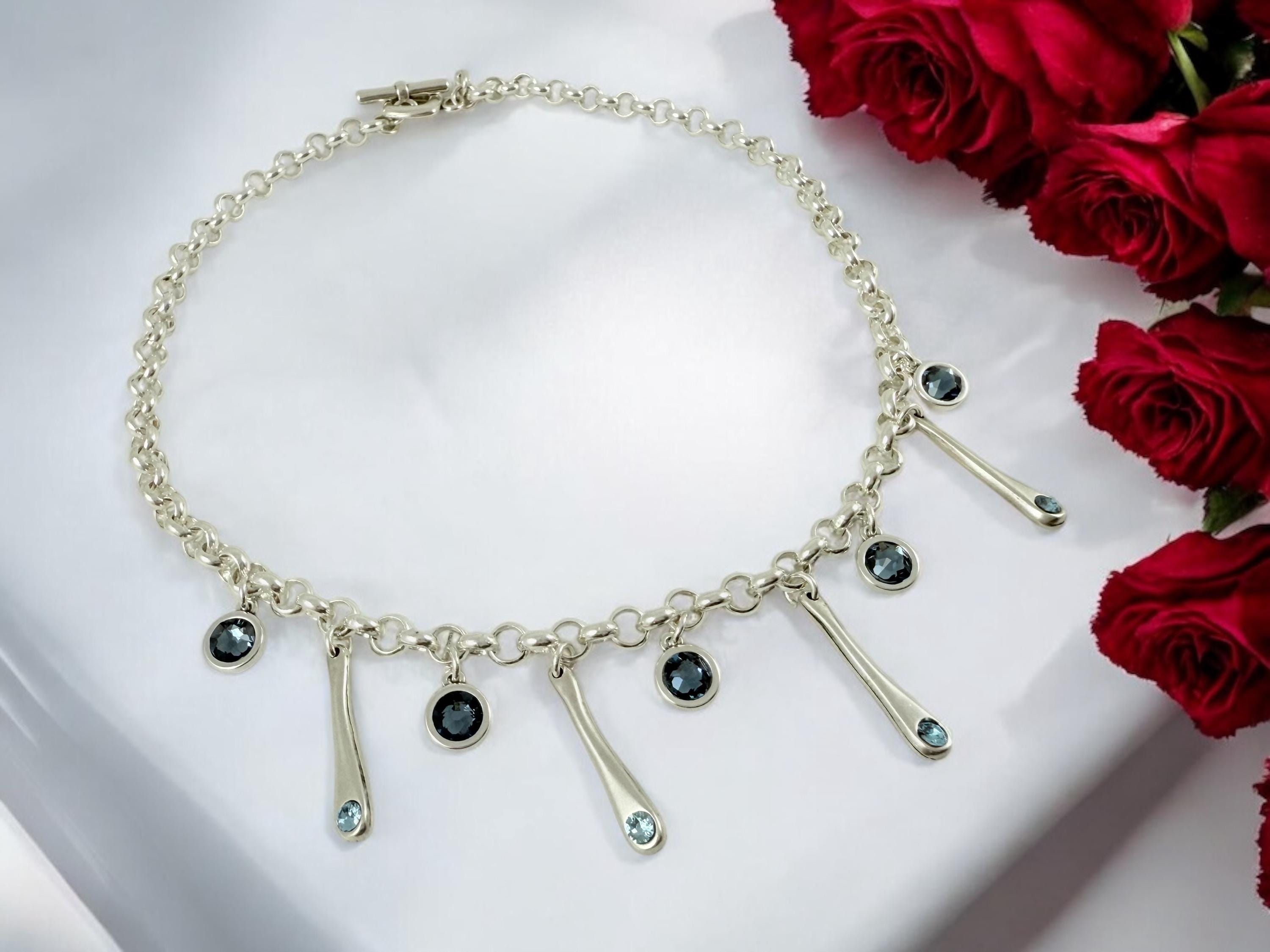 Chunky Silver Chain Necklace – Swarovski Crystal Charms – Toggle Clasp – Handmade Statement Jewelry – Kukuri Jewelry