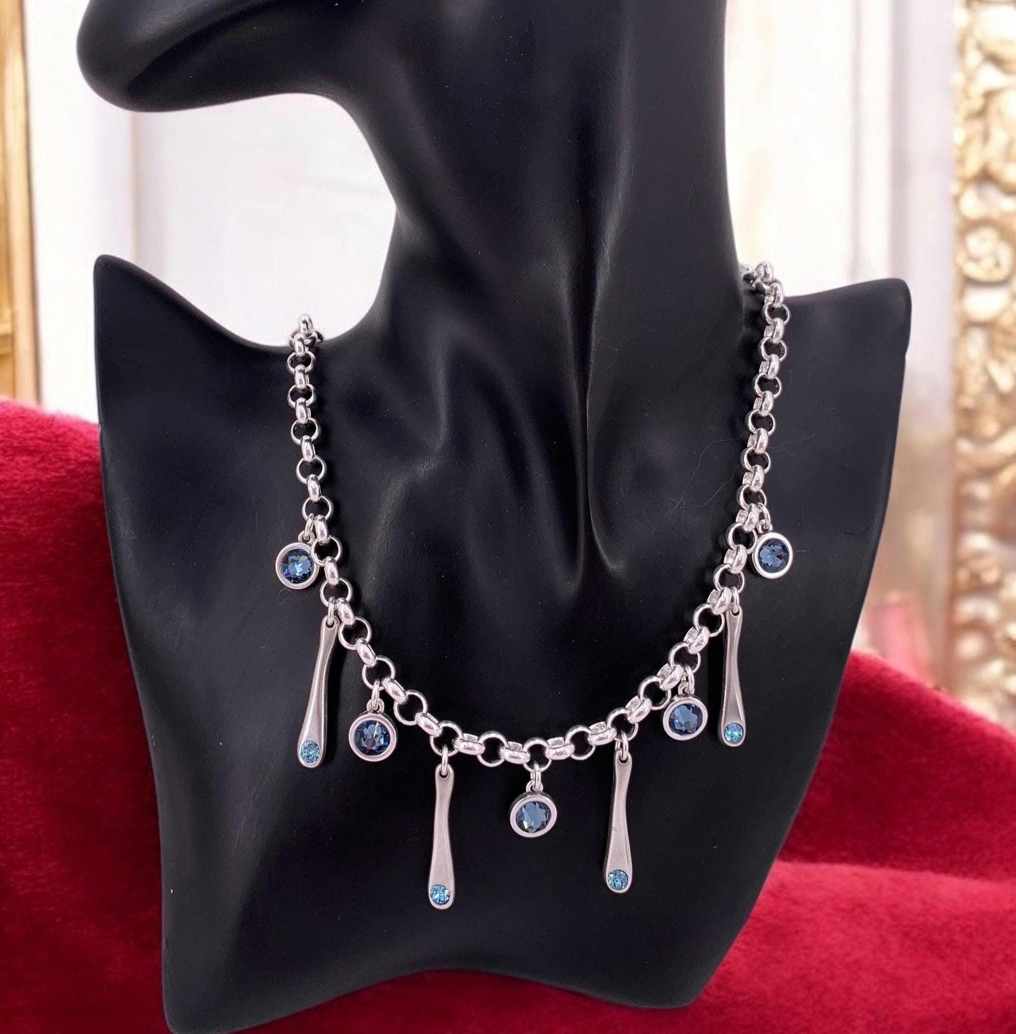 Chunky Silver Chain Necklace – Swarovski Crystal Charms – Toggle Clasp – Handmade Statement Jewelry – Kukuri Jewelry