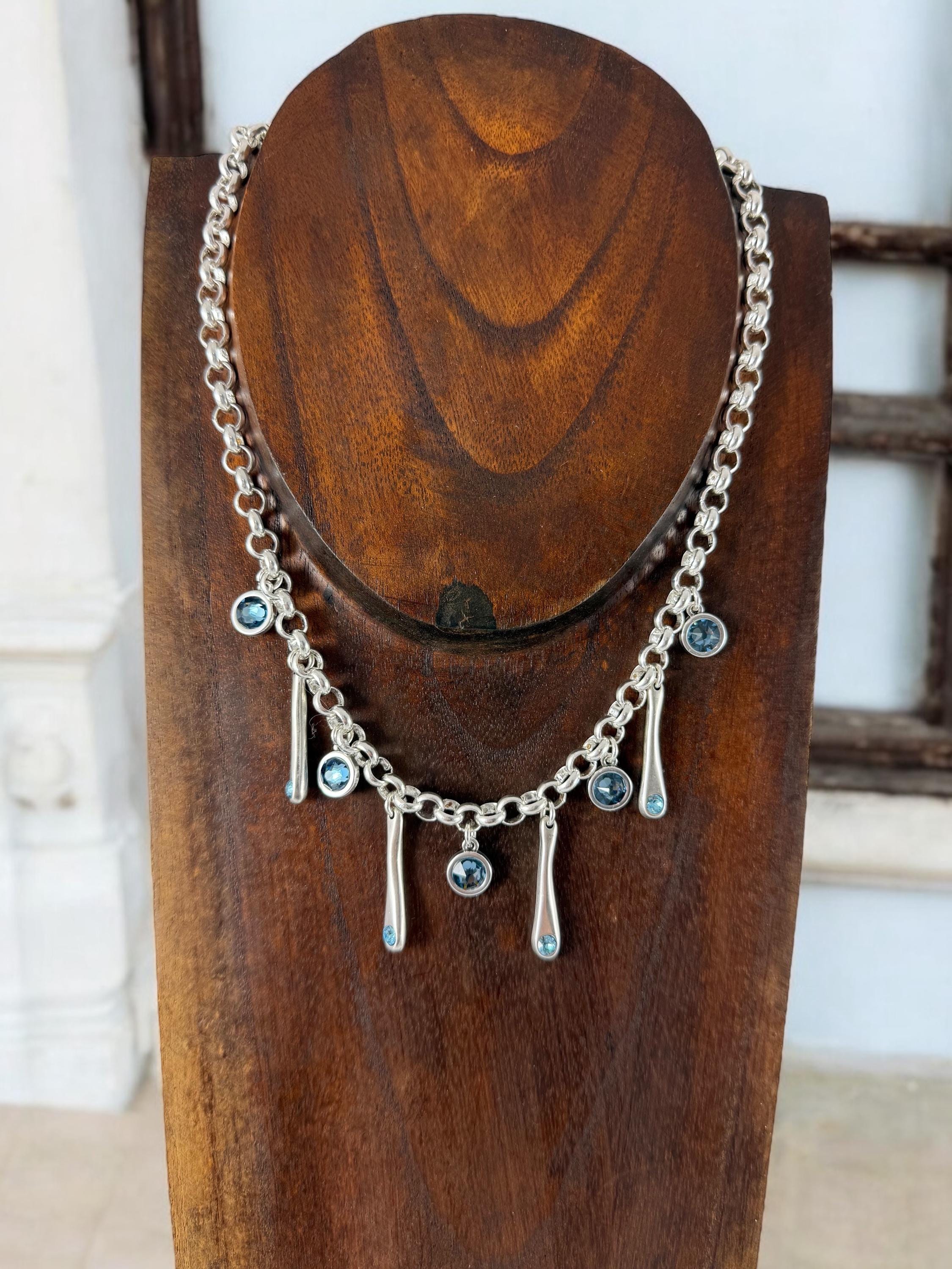 Chunky Silver Chain Necklace – Swarovski Crystal Charms – Toggle Clasp – Handmade Statement Jewelry – Kukuri Jewelry