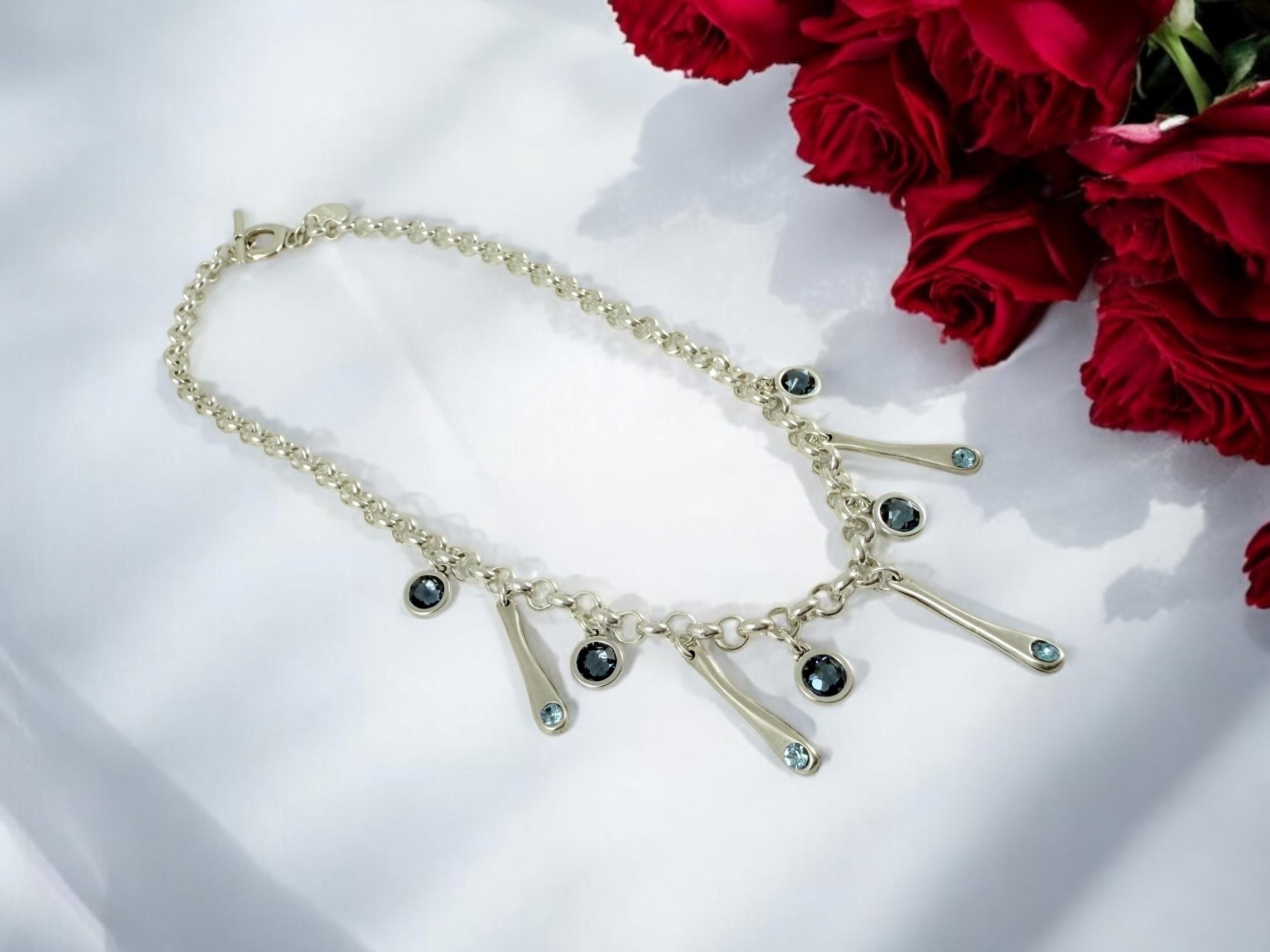 Chunky Silver Chain Necklace – Swarovski Crystal Charms – Toggle Clasp – Handmade Statement Jewelry – Kukuri Jewelry