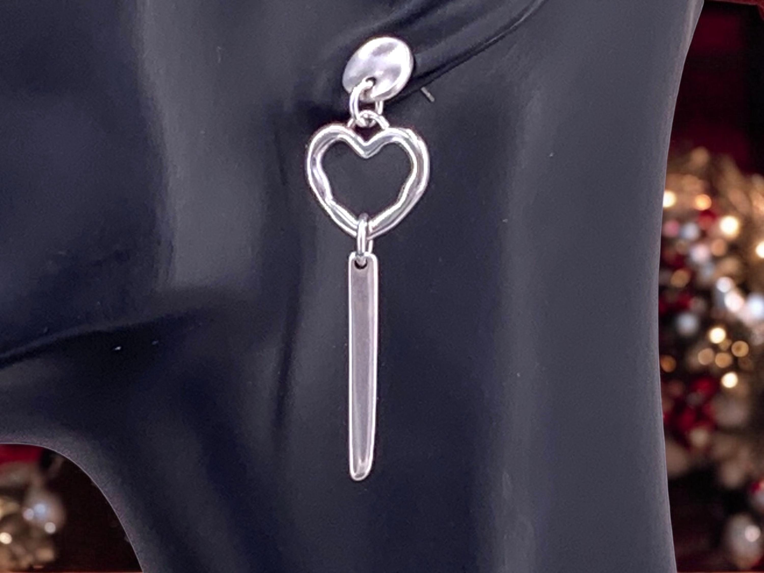 long silver original heart shaped earrings, dropped silver earrings, bohemian heart dangle earrings, gypsy earrings, , gift