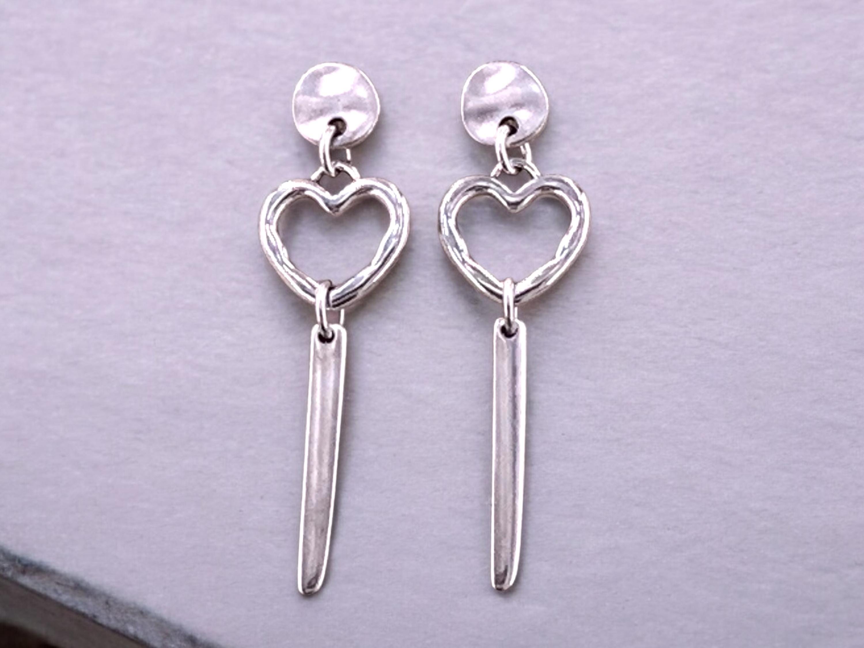 long silver original heart shaped earrings, dropped silver earrings, bohemian heart dangle earrings, gypsy earrings, , gift