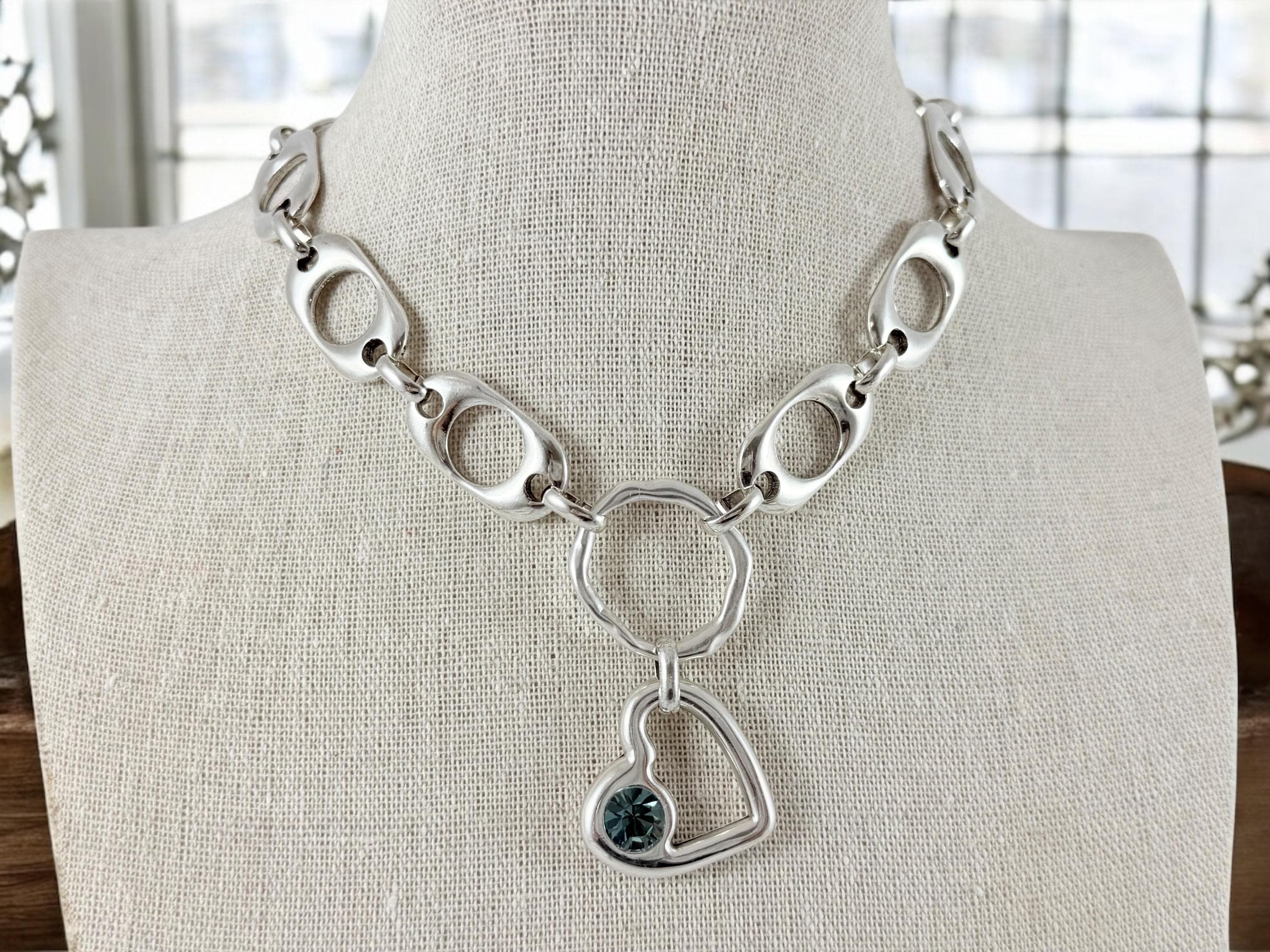 Chunky silver necklace with heart pendant, bold chain choker with Swarovski charm, big link chain choker, uno de 50 style, gift for women