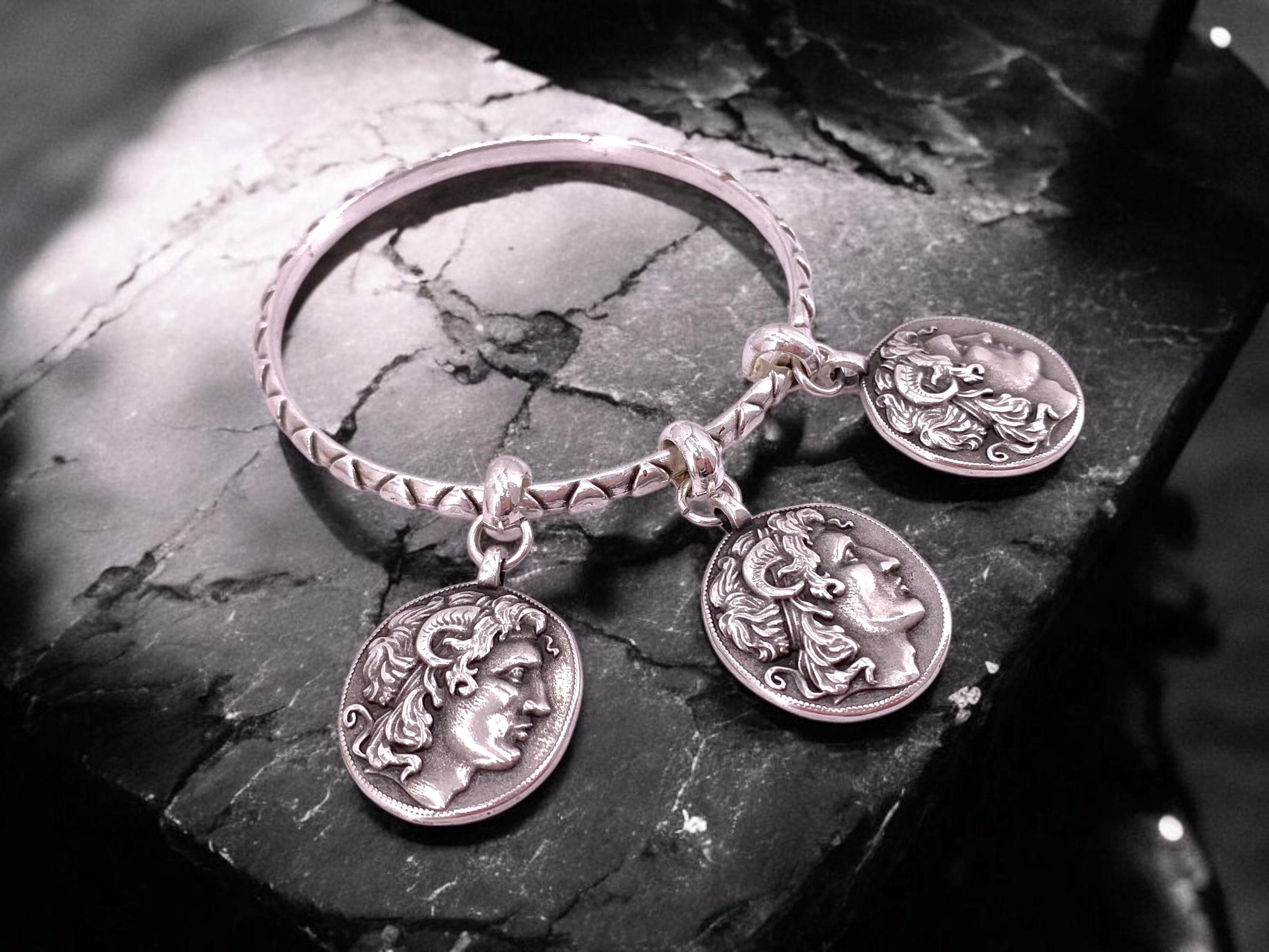 Antique Silver Coin Bangle – Alexander the Great Charms – Heart Engraved Cuff – Stackable Rigid Bracelet – Handmade Kukuri Jewelry