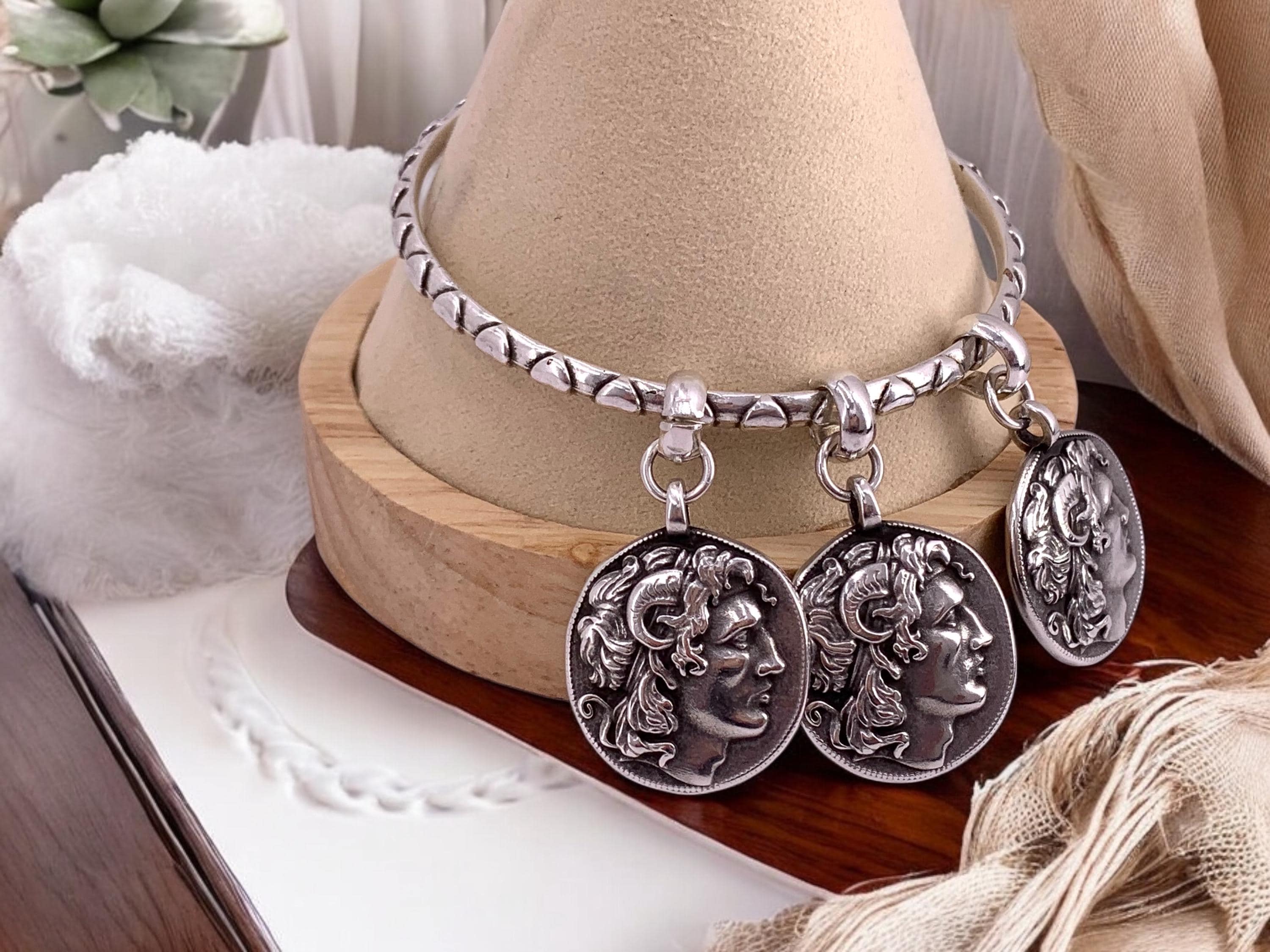 Antique Silver Coin Bangle – Alexander the Great Charms – Heart Engraved Cuff – Stackable Rigid Bracelet – Handmade Kukuri Jewelry