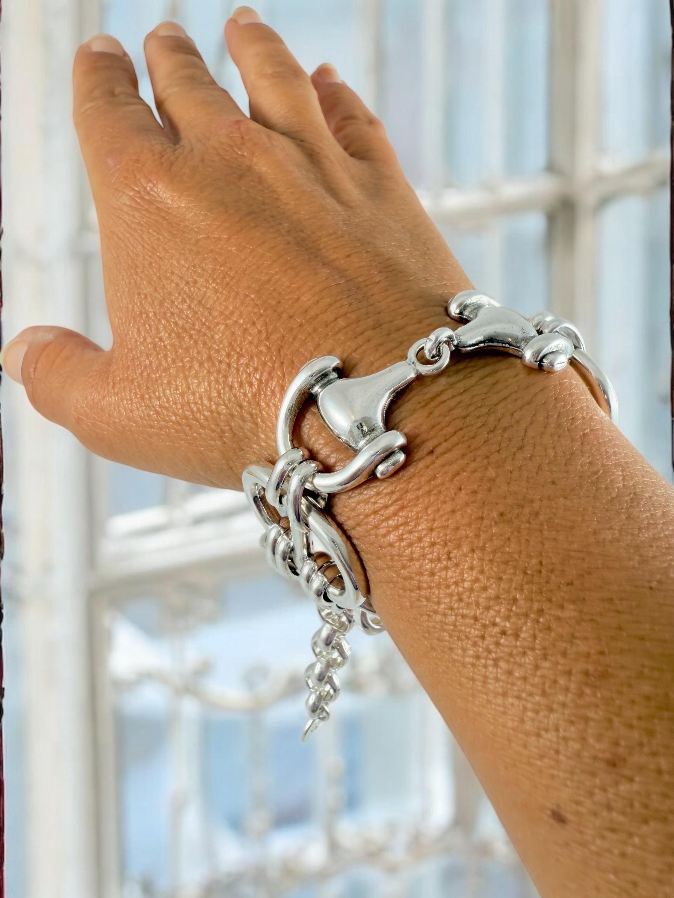 Chunky Silver Bracelet – Equestrian Centerpiece – Thick Nautical Chain – Adjustable Cuff – Handmade Kukuri Jewelry