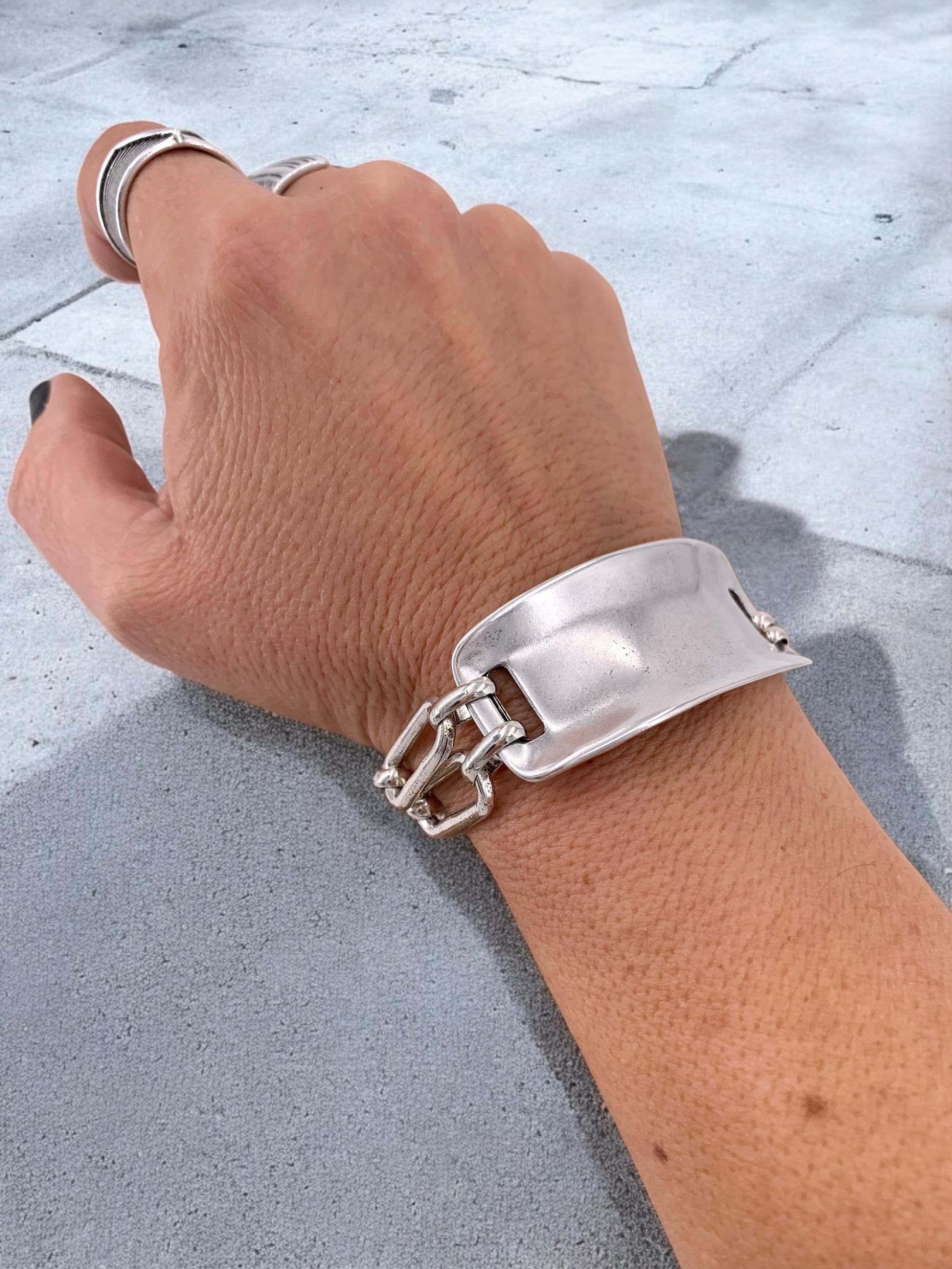 Chunky Silver Chain Bracelet – Double Link Cuff – Bold Adjustable Bracelet – Handmade Kukuri Jewelry