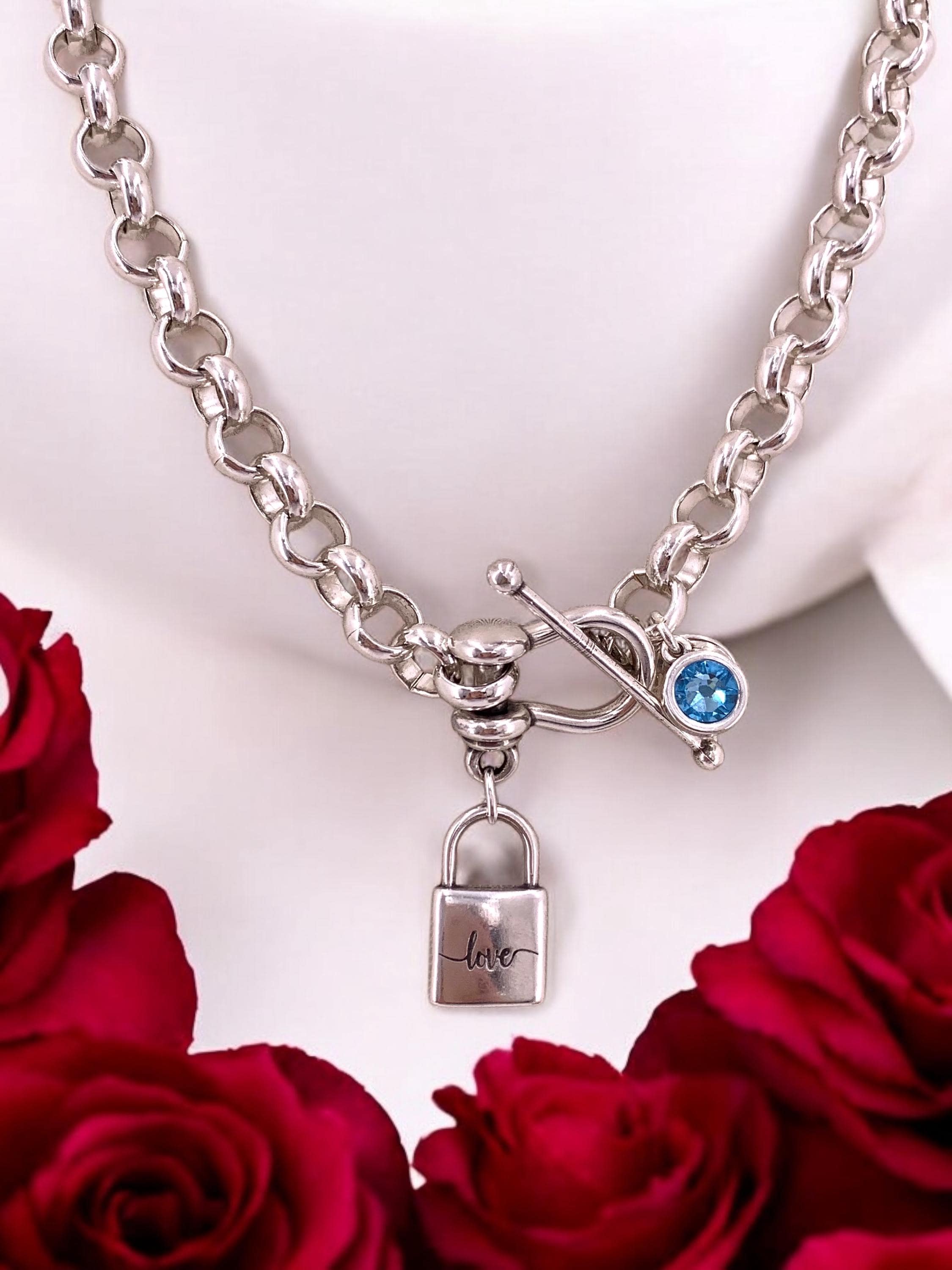 Chunky Silver Chain Necklace – “Love” Padlock Pendant & Swarovski Crystal – Stirrup Toggle Clasp – Handmade Statement Jewelry