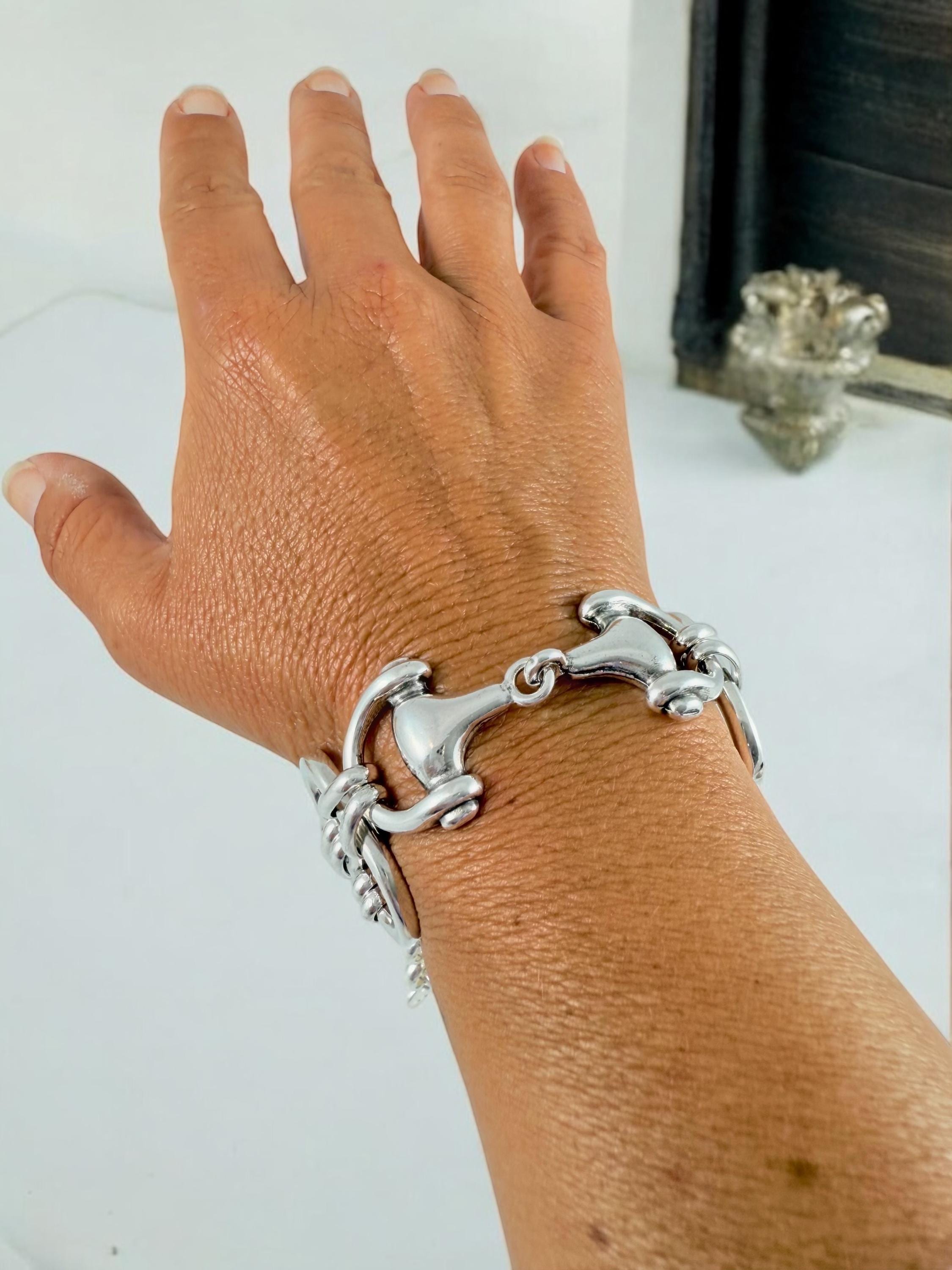 Chunky Silver Bracelet – Equestrian Centerpiece – Thick Nautical Chain – Adjustable Cuff – Handmade Kukuri Jewelry