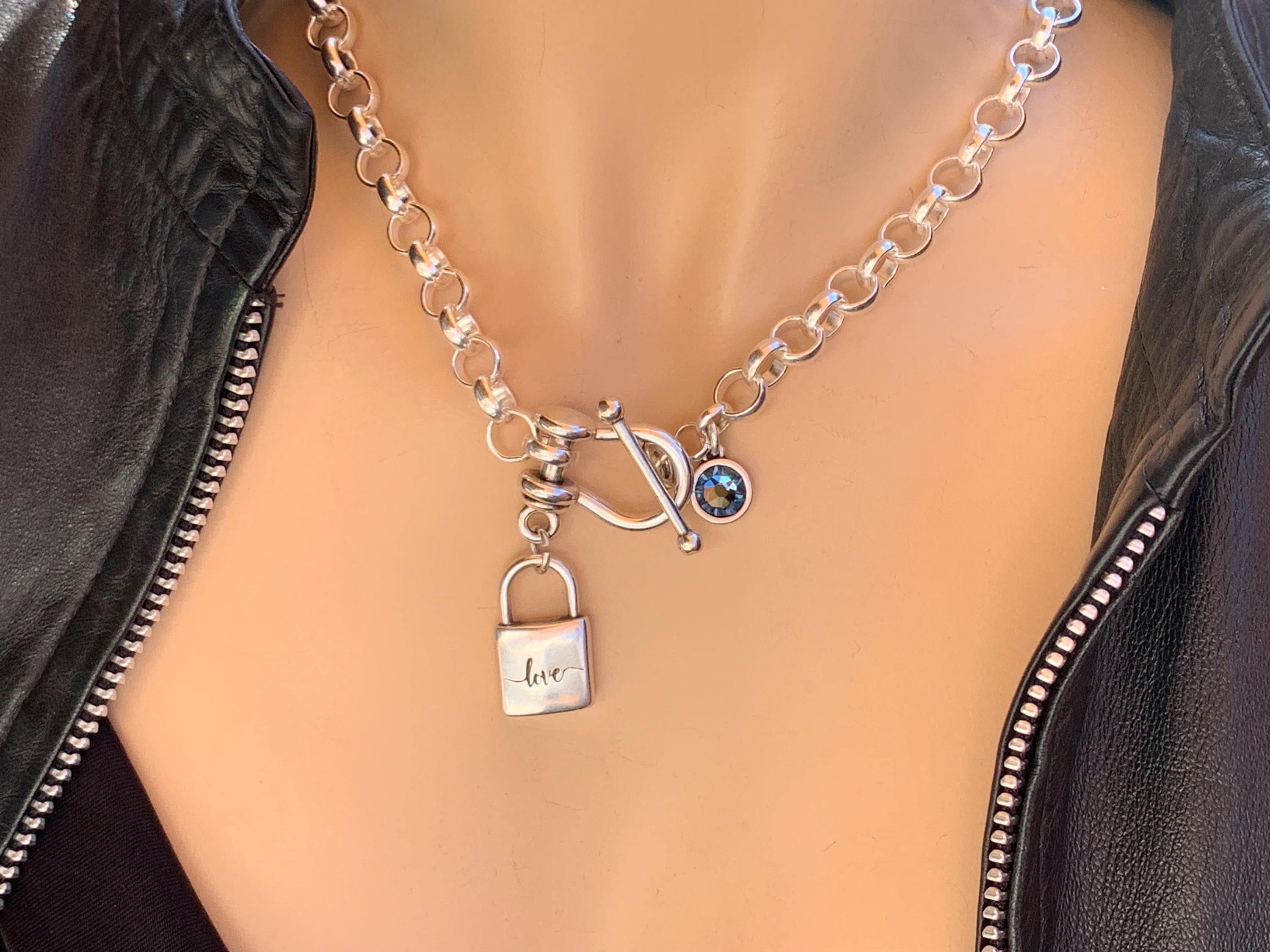 Chunky Silver Chain Necklace – “Love” Padlock Pendant & Swarovski Crystal – Stirrup Toggle Clasp – Handmade Statement Jewelry