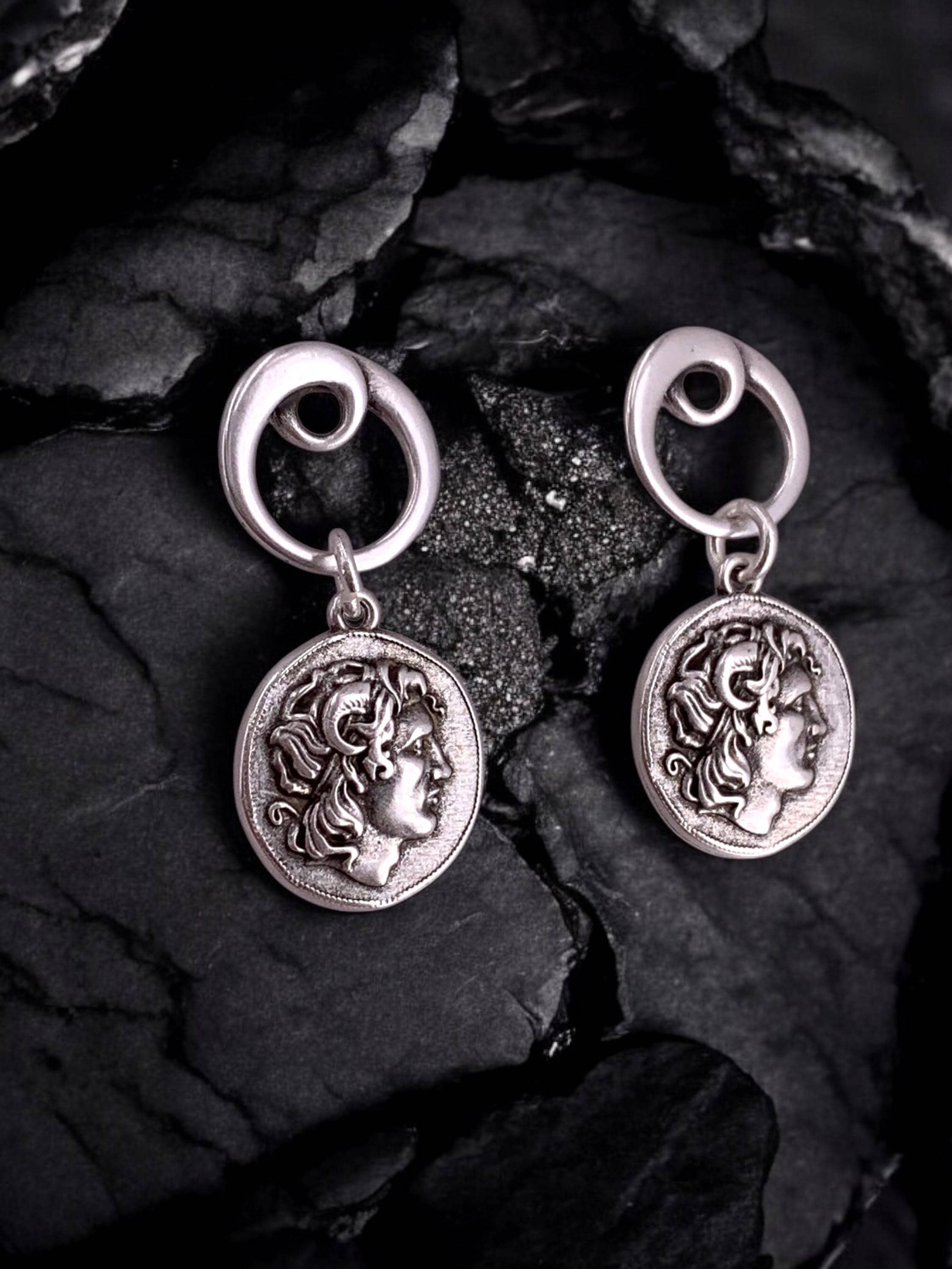 Silver Coin Dangle Earrings – Alexander the Great Design – Statement Drop Earrings – Handmade Kukuri Jewelry – Gift for Women
