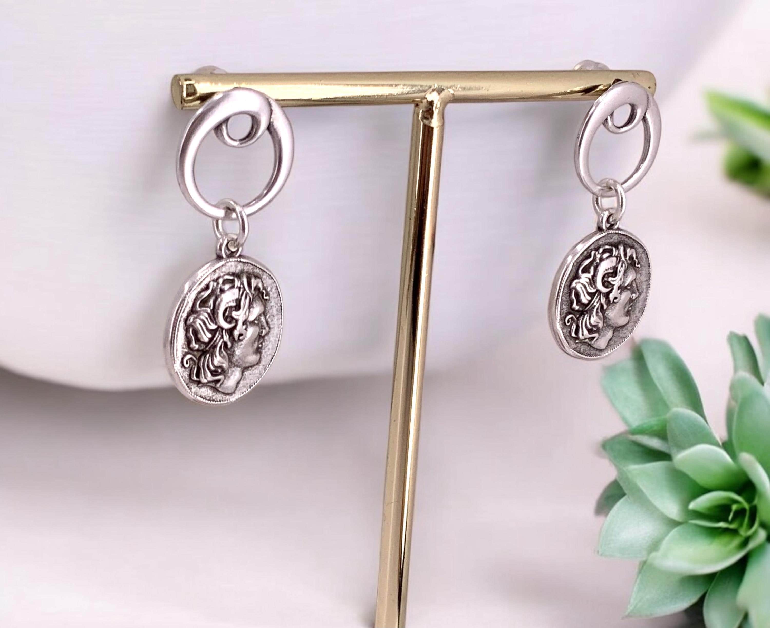 Silver Coin Dangle Earrings – Alexander the Great Design – Statement Drop Earrings – Handmade Kukuri Jewelry – Gift for Women
