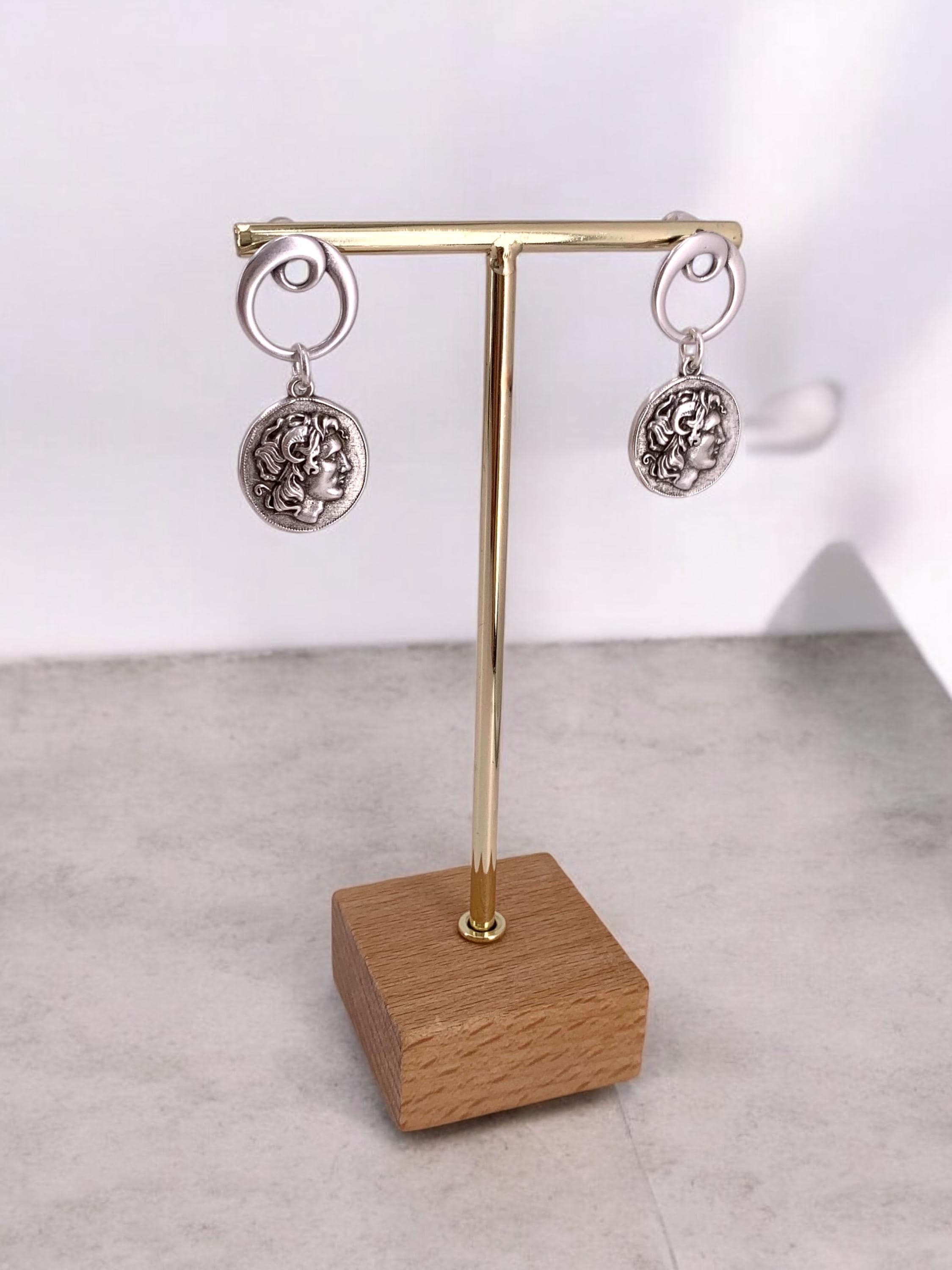 Silver Coin Dangle Earrings – Alexander the Great Design – Statement Drop Earrings – Handmade Kukuri Jewelry – Gift for Women