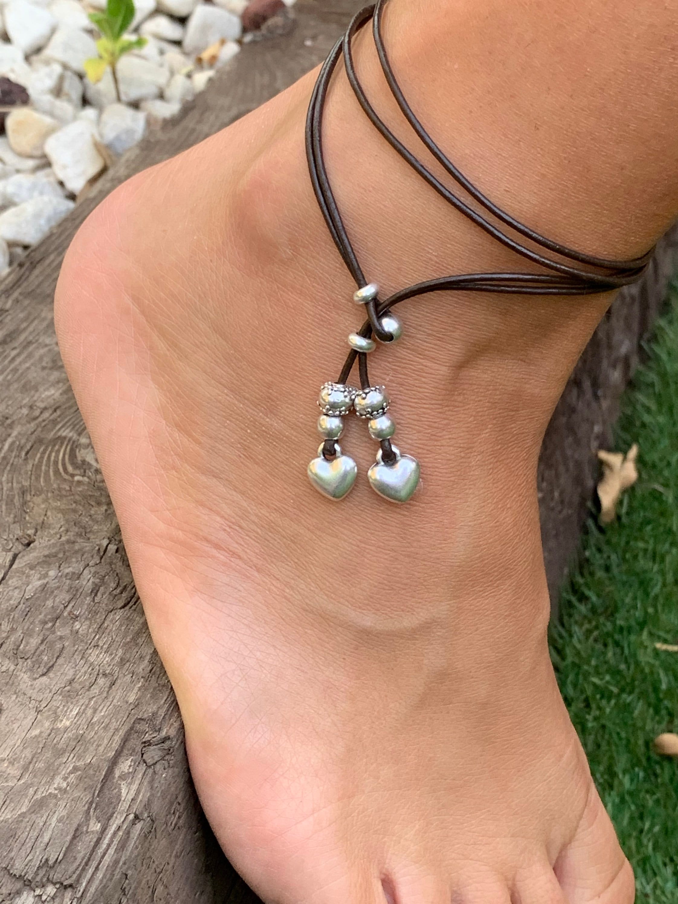 Boho leather anklet bracelet, silver and leather anklet, tribal anklet, Ethnic leather anklet, beach anklet, surfer anklet,