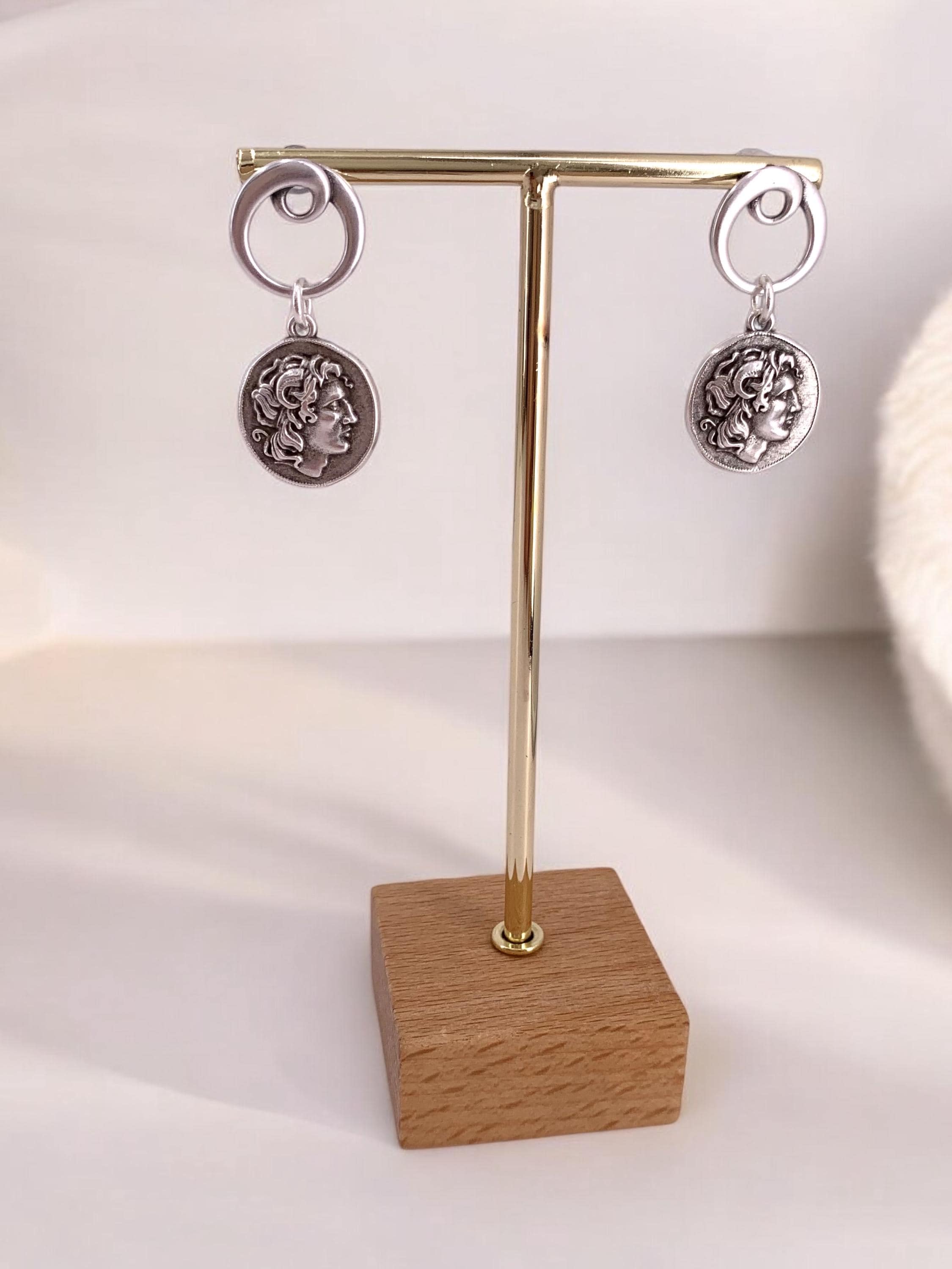 Silver Coin Dangle Earrings – Alexander the Great Design – Statement Drop Earrings – Handmade Kukuri Jewelry – Gift for Women