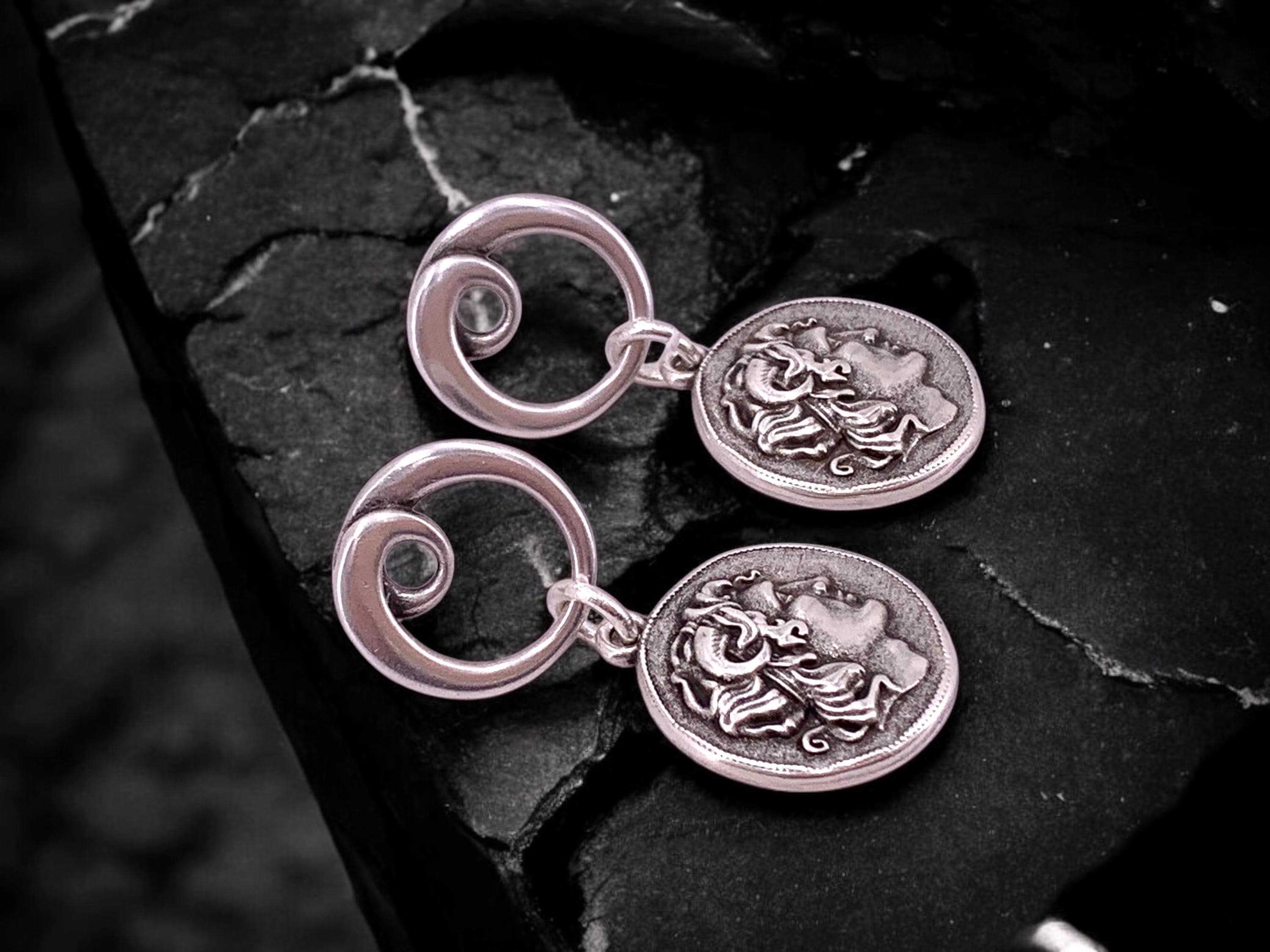 Silver Coin Dangle Earrings – Alexander the Great Design – Statement Drop Earrings – Handmade Kukuri Jewelry – Gift for Women