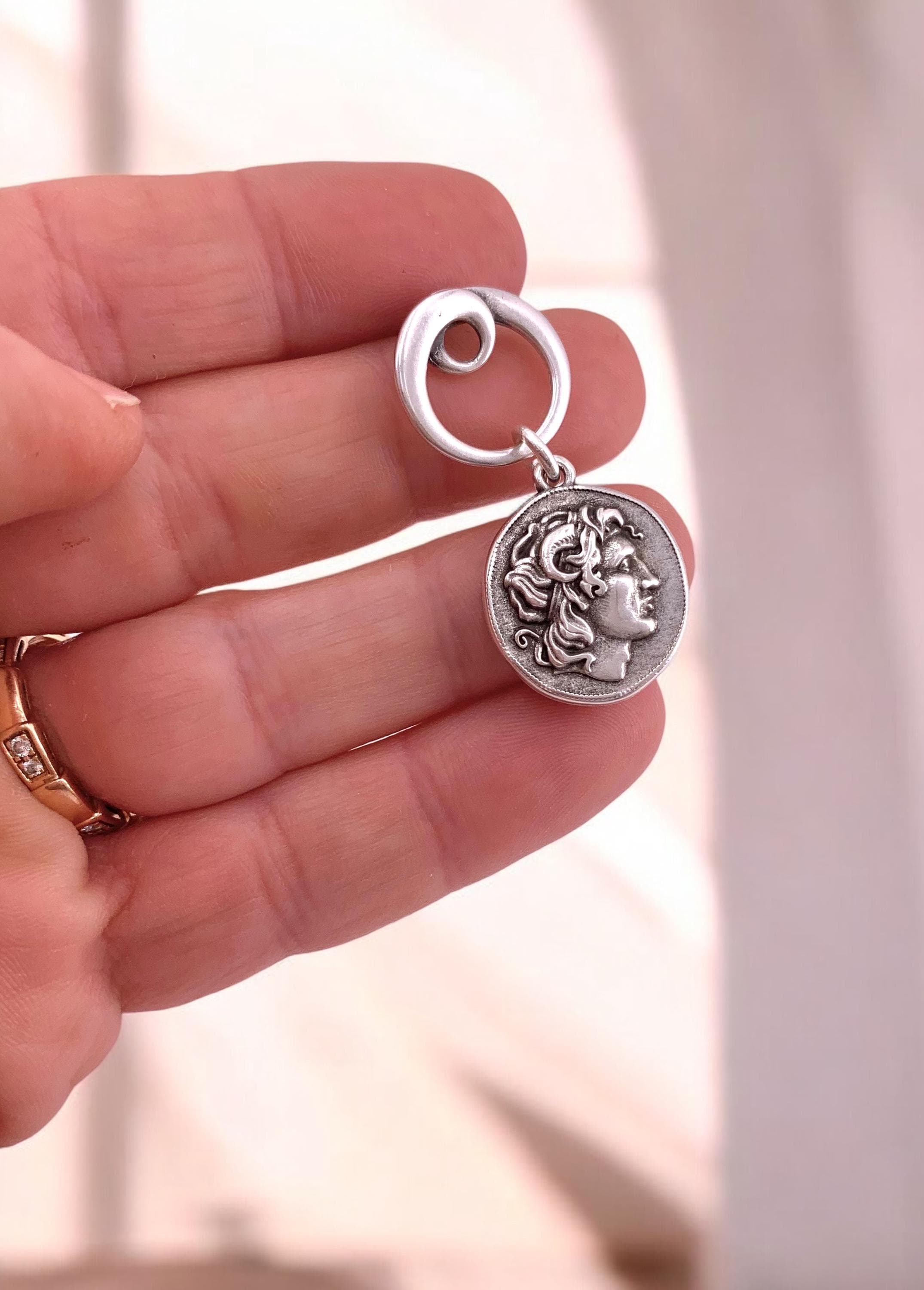 Silver Coin Dangle Earrings – Alexander the Great Design – Statement Drop Earrings – Handmade Kukuri Jewelry – Gift for Women