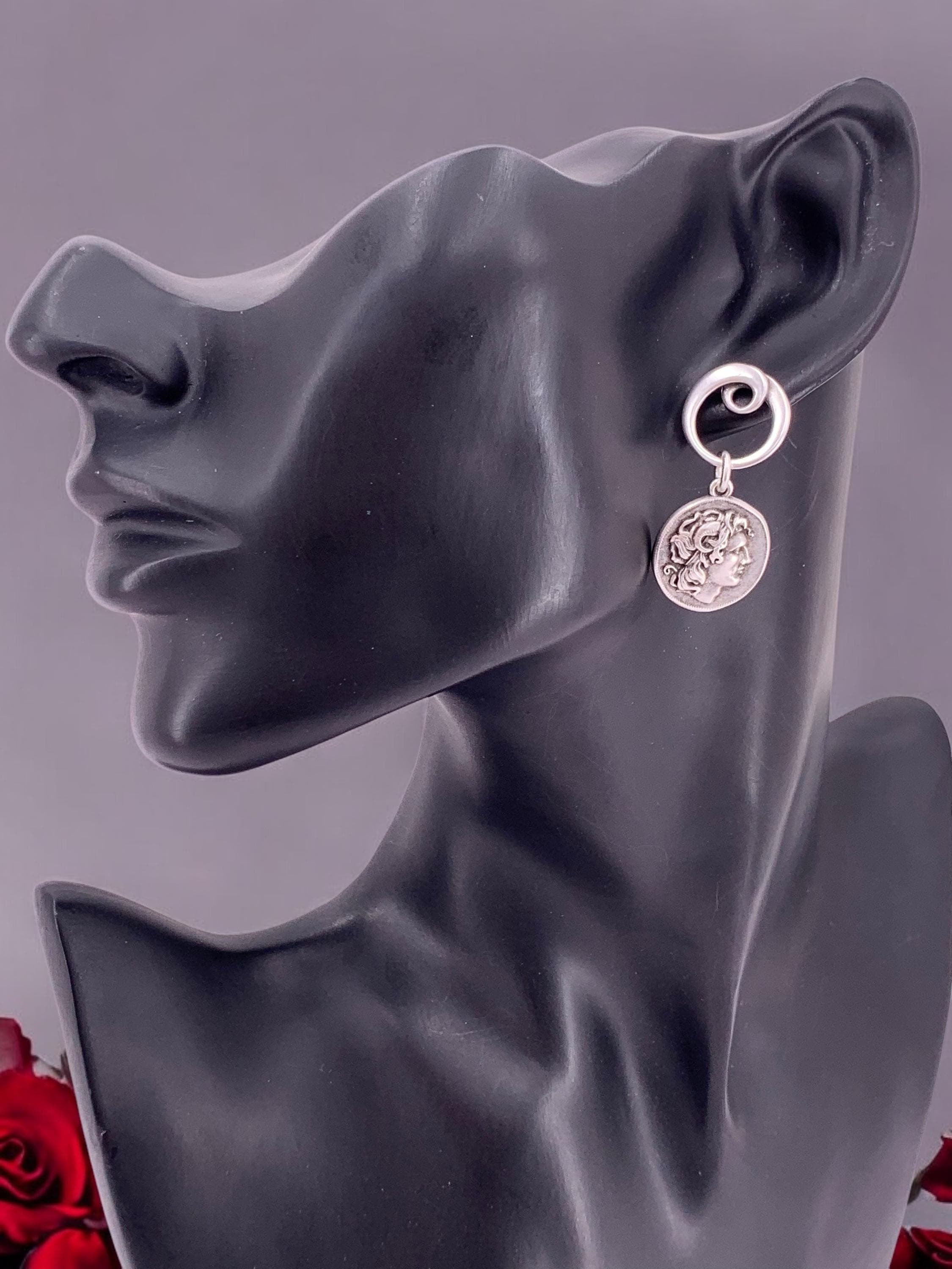 Silver Coin Dangle Earrings – Alexander the Great Design – Statement Drop Earrings – Handmade Kukuri Jewelry – Gift for Women