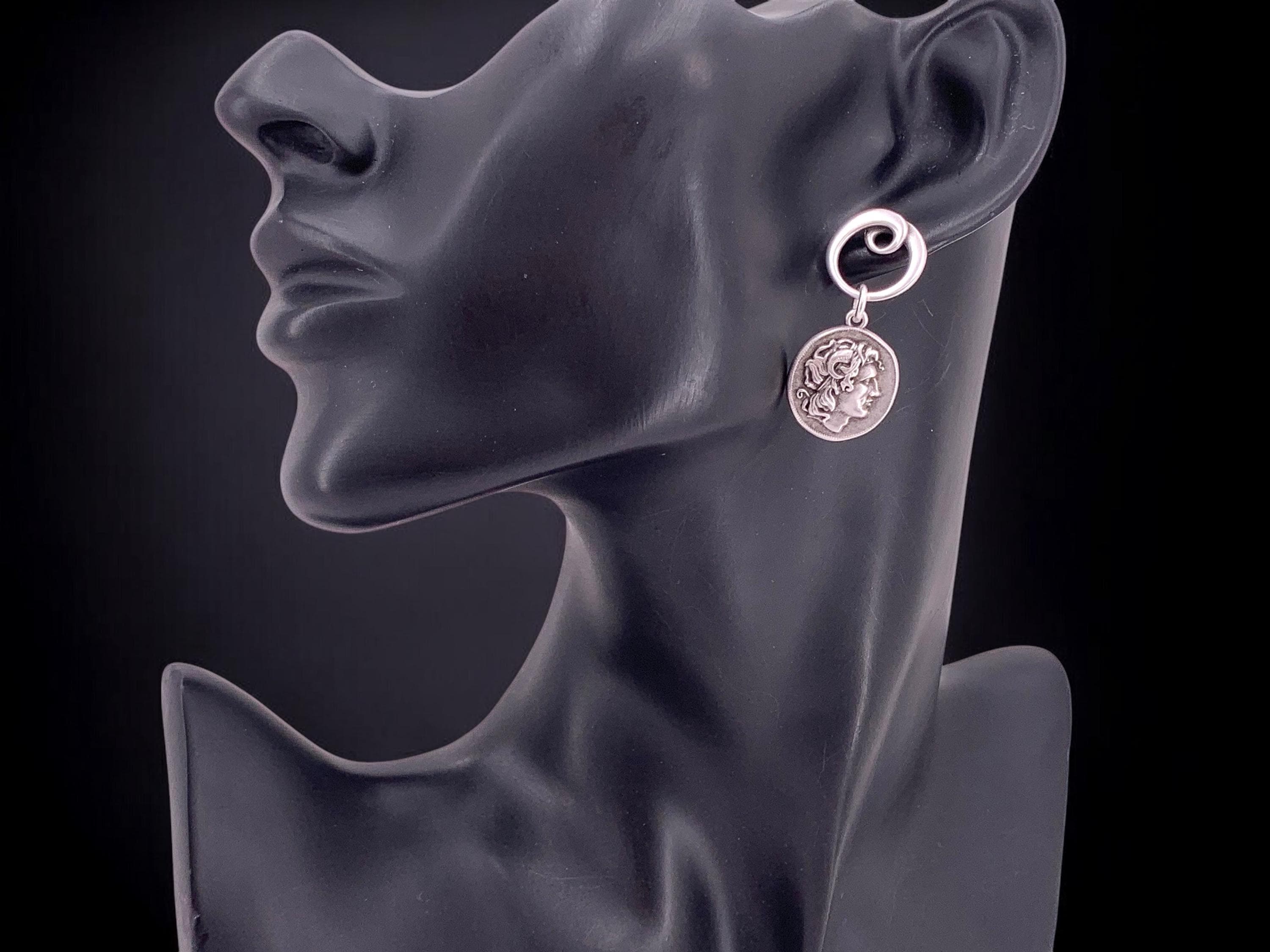 Silver Coin Dangle Earrings – Alexander the Great Design – Statement Drop Earrings – Handmade Kukuri Jewelry – Gift for Women