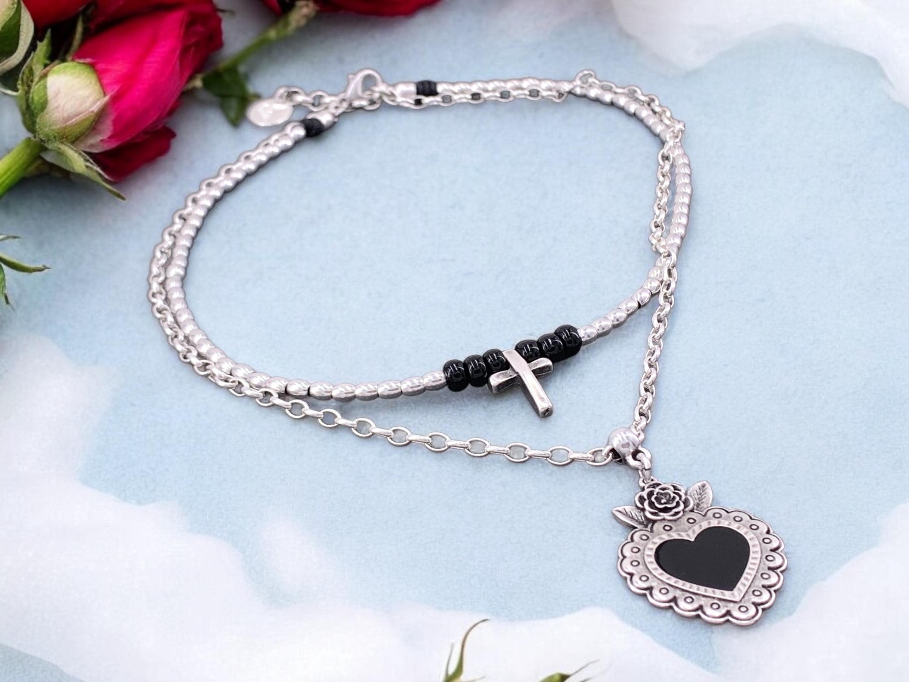 Layered Silver Necklace – Cross & Black Heart Pendant – Double Strand – Handmade Kukuri Jewelry – Gift for Her