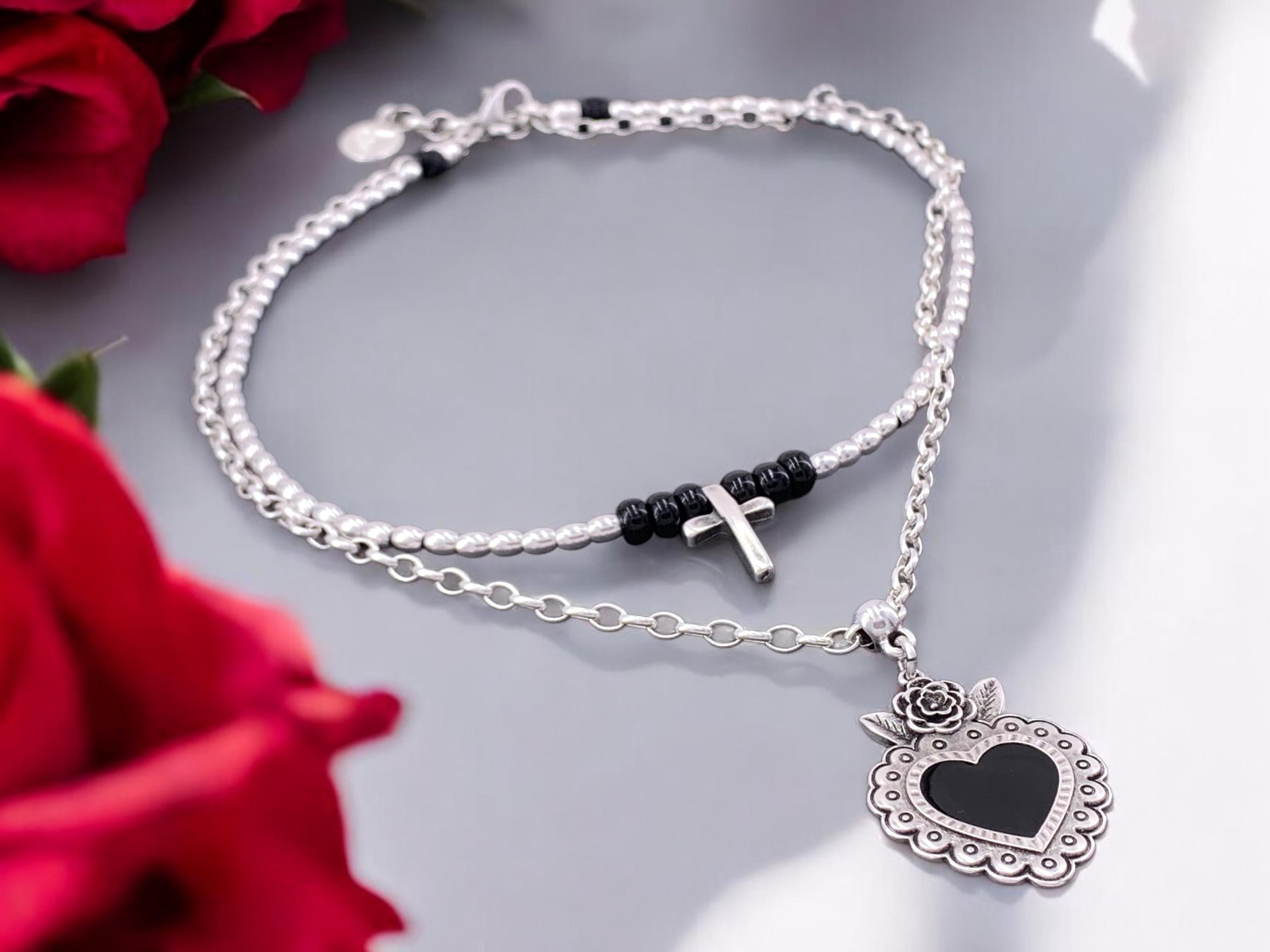 Layered Silver Necklace – Cross & Black Heart Pendant – Double Strand – Handmade Kukuri Jewelry – Gift for Her