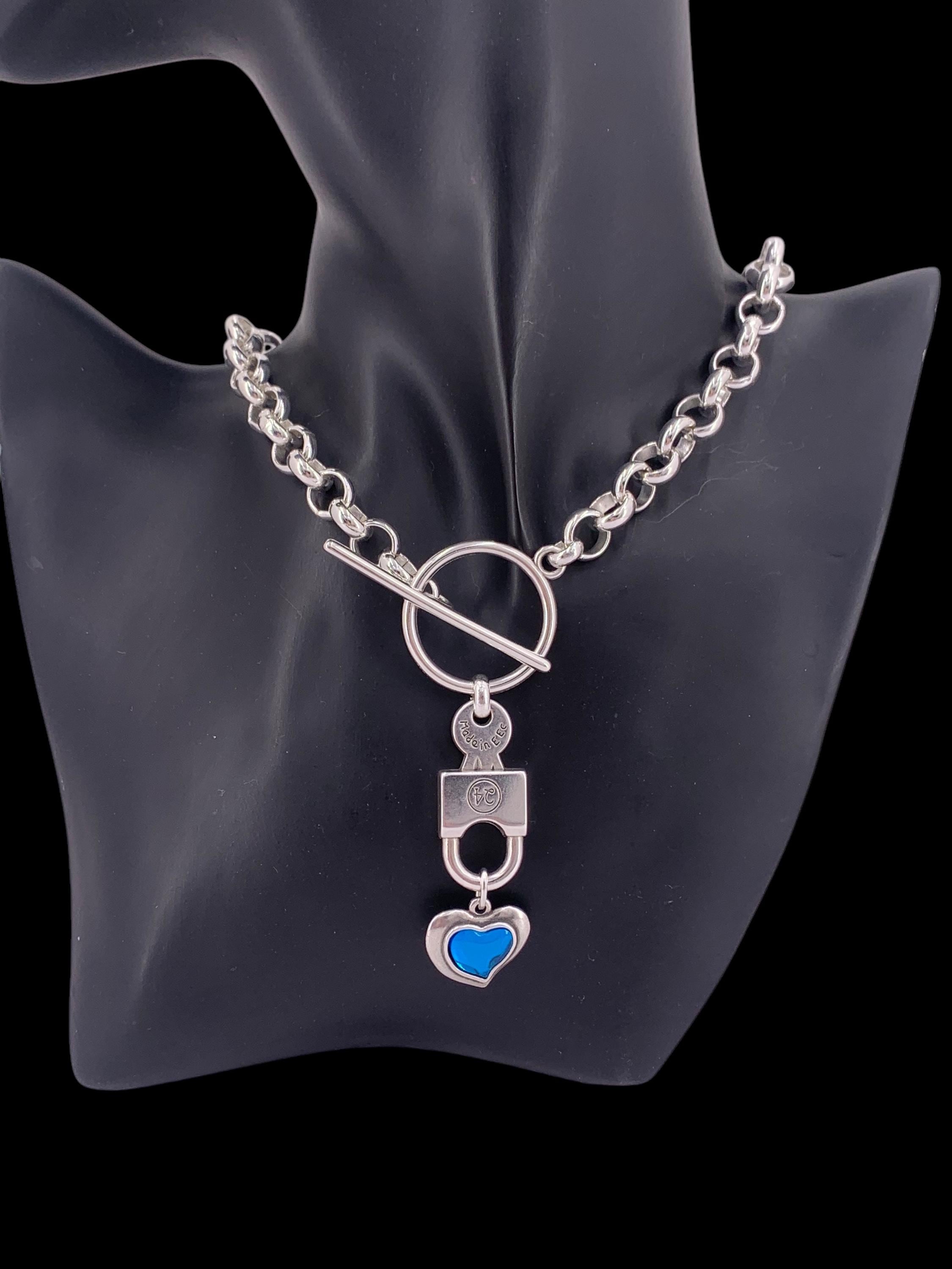 Chunky Silver Rolo Chain Necklace – Heart & Padlock Pendant – Toggle Clasp – Handmade Kukuri Jewelry