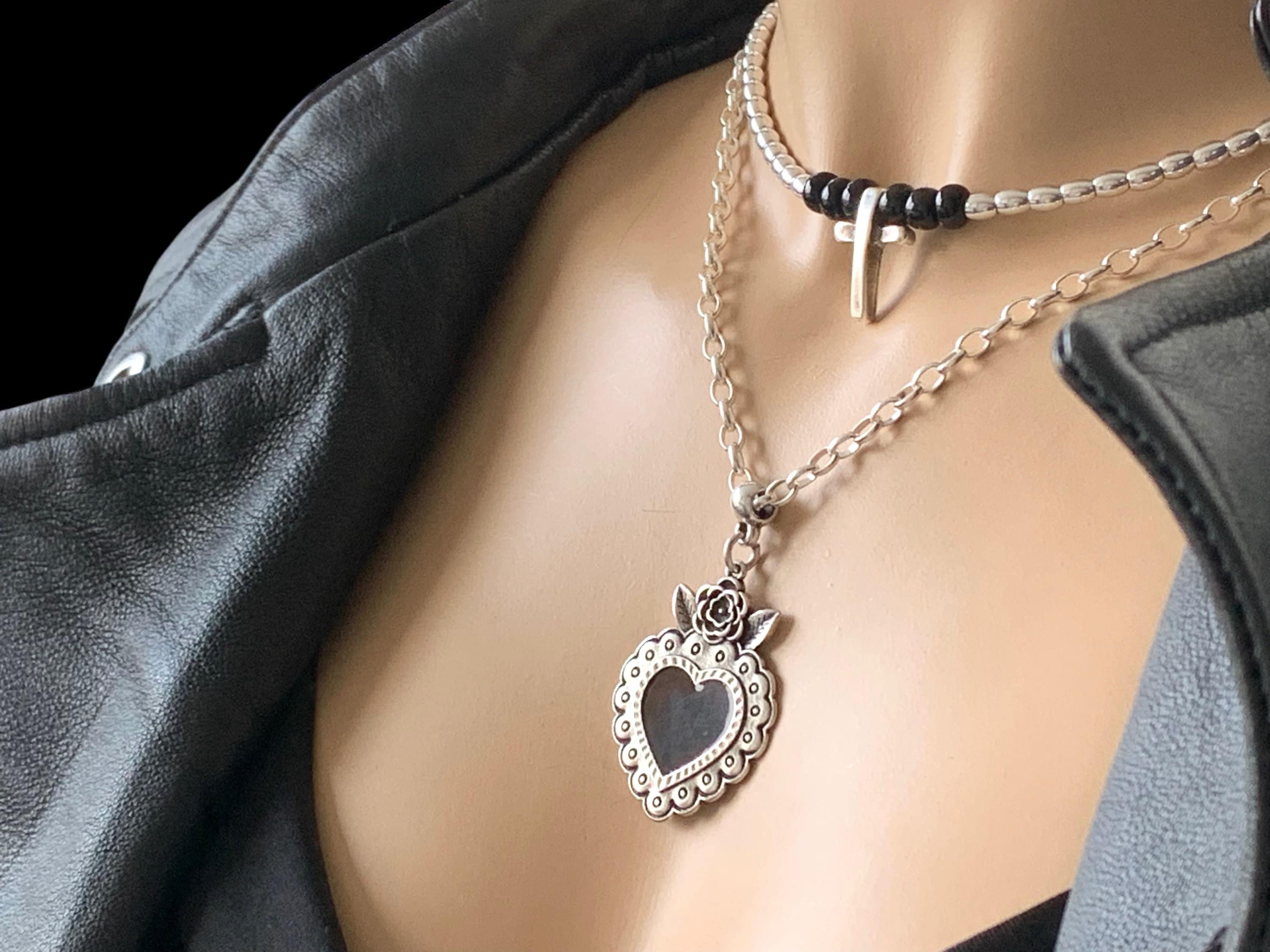 Layered Silver Necklace – Cross & Black Heart Pendant – Double Strand – Handmade Kukuri Jewelry – Gift for Her