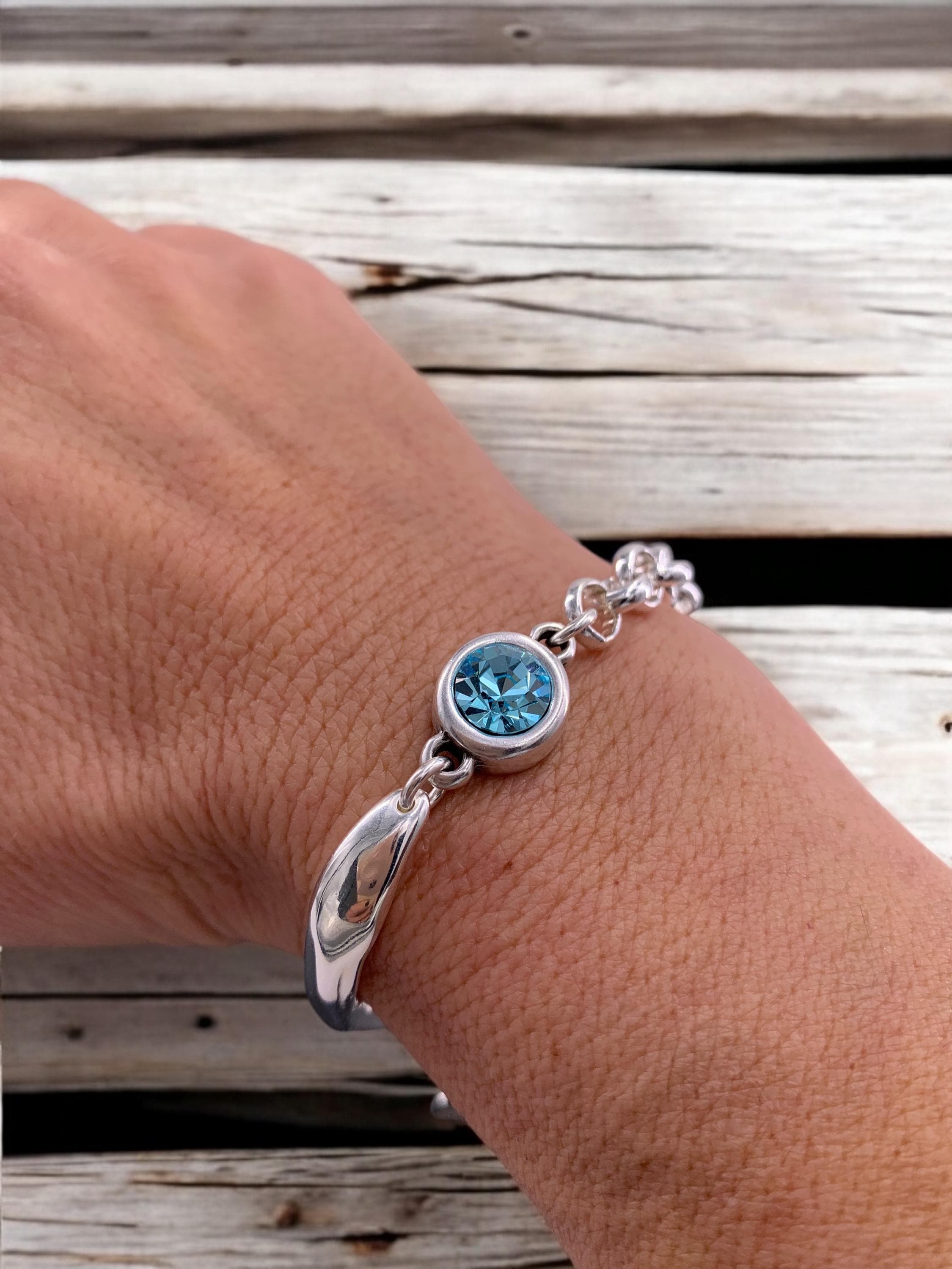 Chunky Silver Bracelet – Swarovski Crystal Connector – Mixed Chain & half cuff design – Handmade Kukuri Jewelry