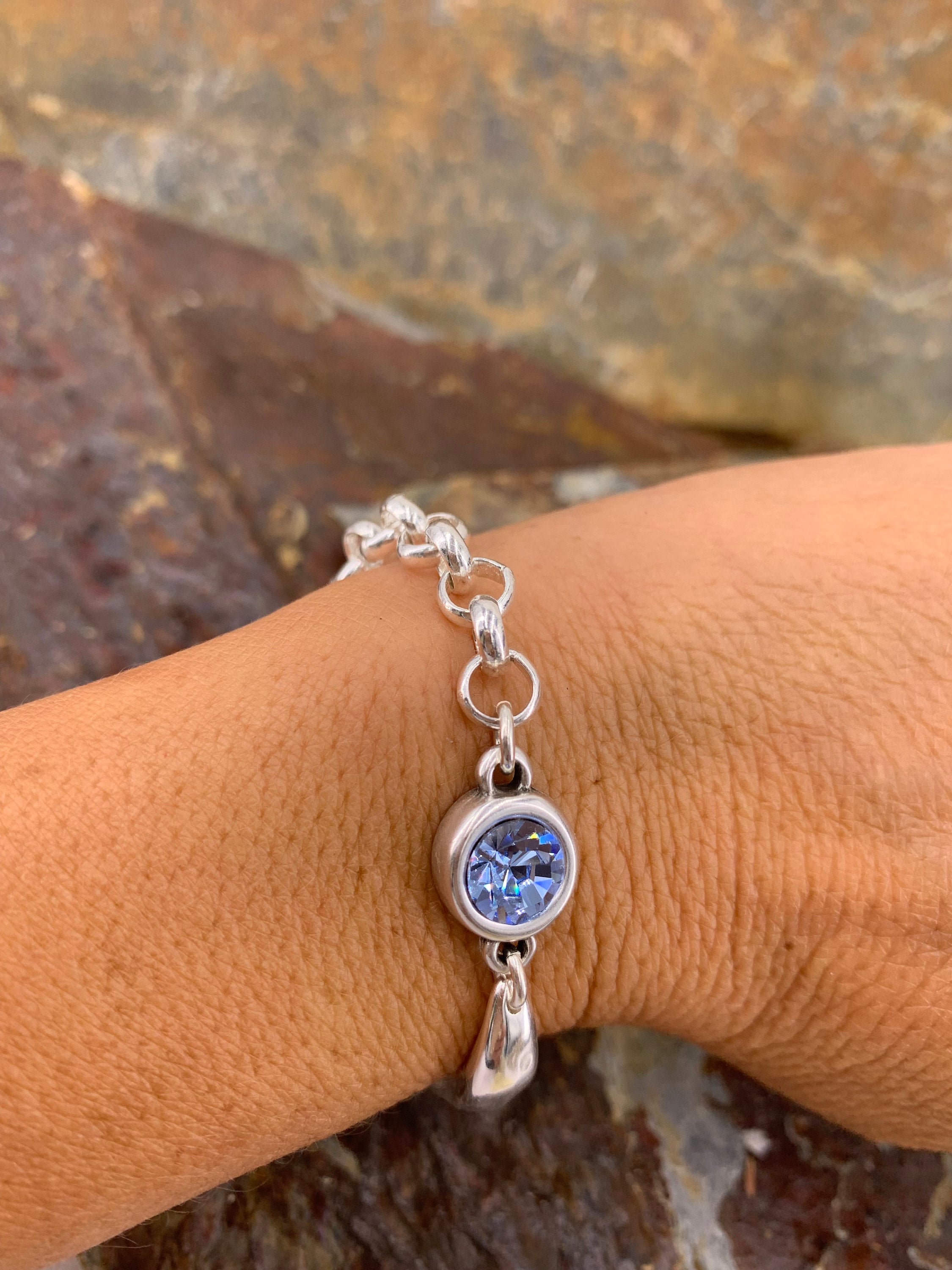 Chunky Silver Bracelet – Swarovski Crystal Connector – Mixed Chain & half cuff design – Handmade Kukuri Jewelry