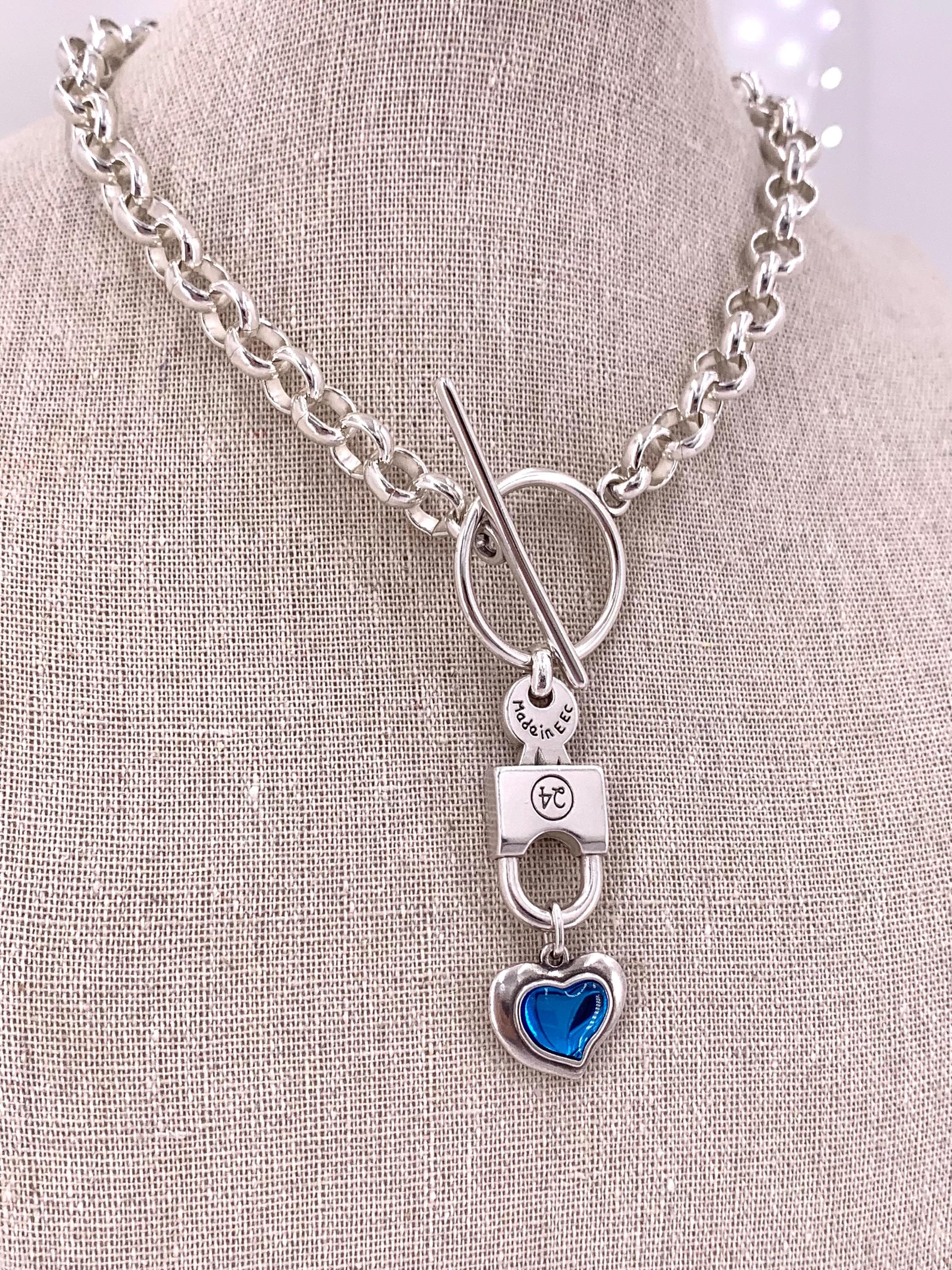 Chunky Silver Rolo Chain Necklace – Heart & Padlock Pendant – Toggle Clasp – Handmade Kukuri Jewelry