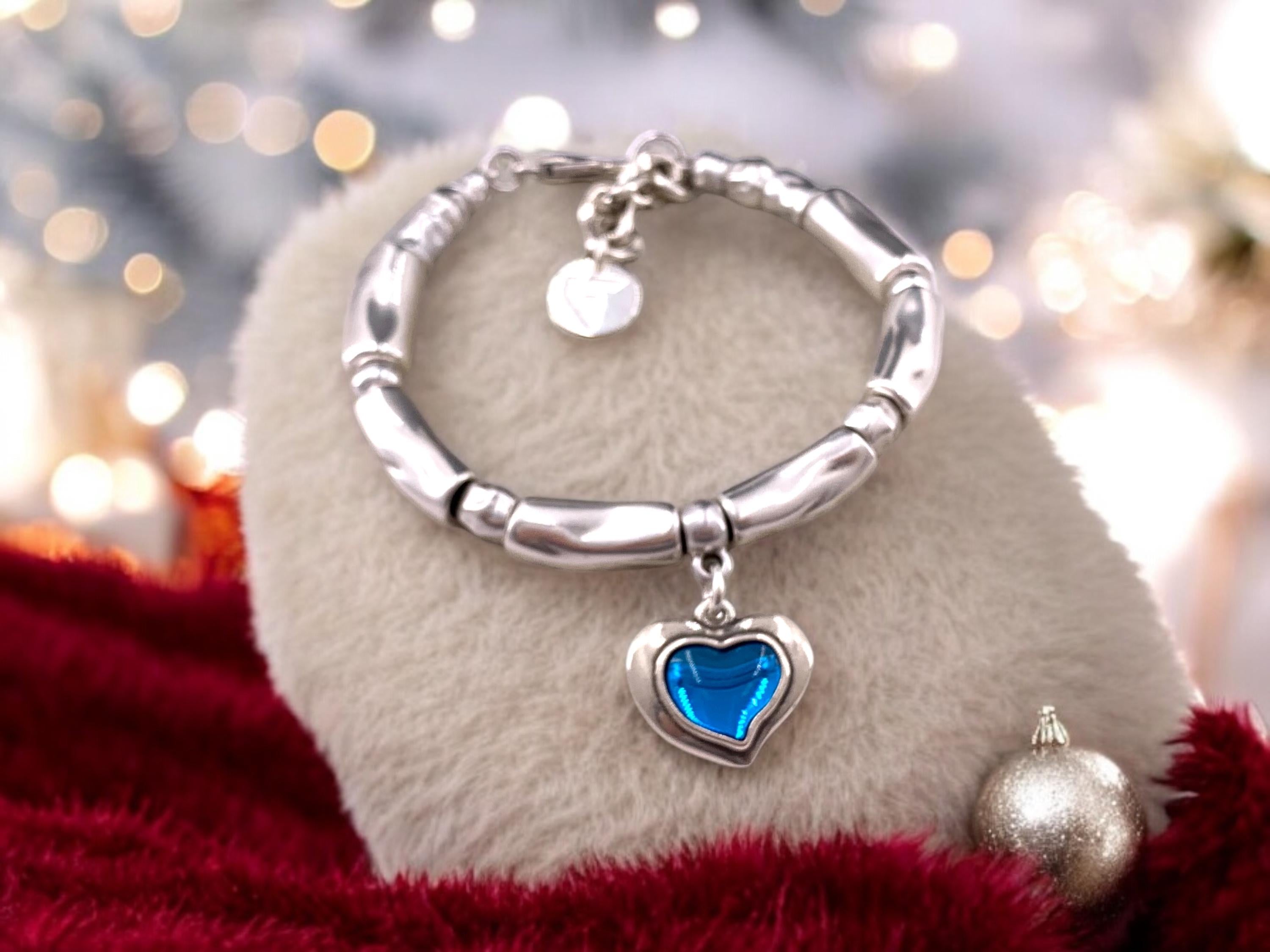 Chunky Silver Bracelet – Blue Heart Pendant – Adjustable bold cuff – Statement Handmade Kukuri Jewelry