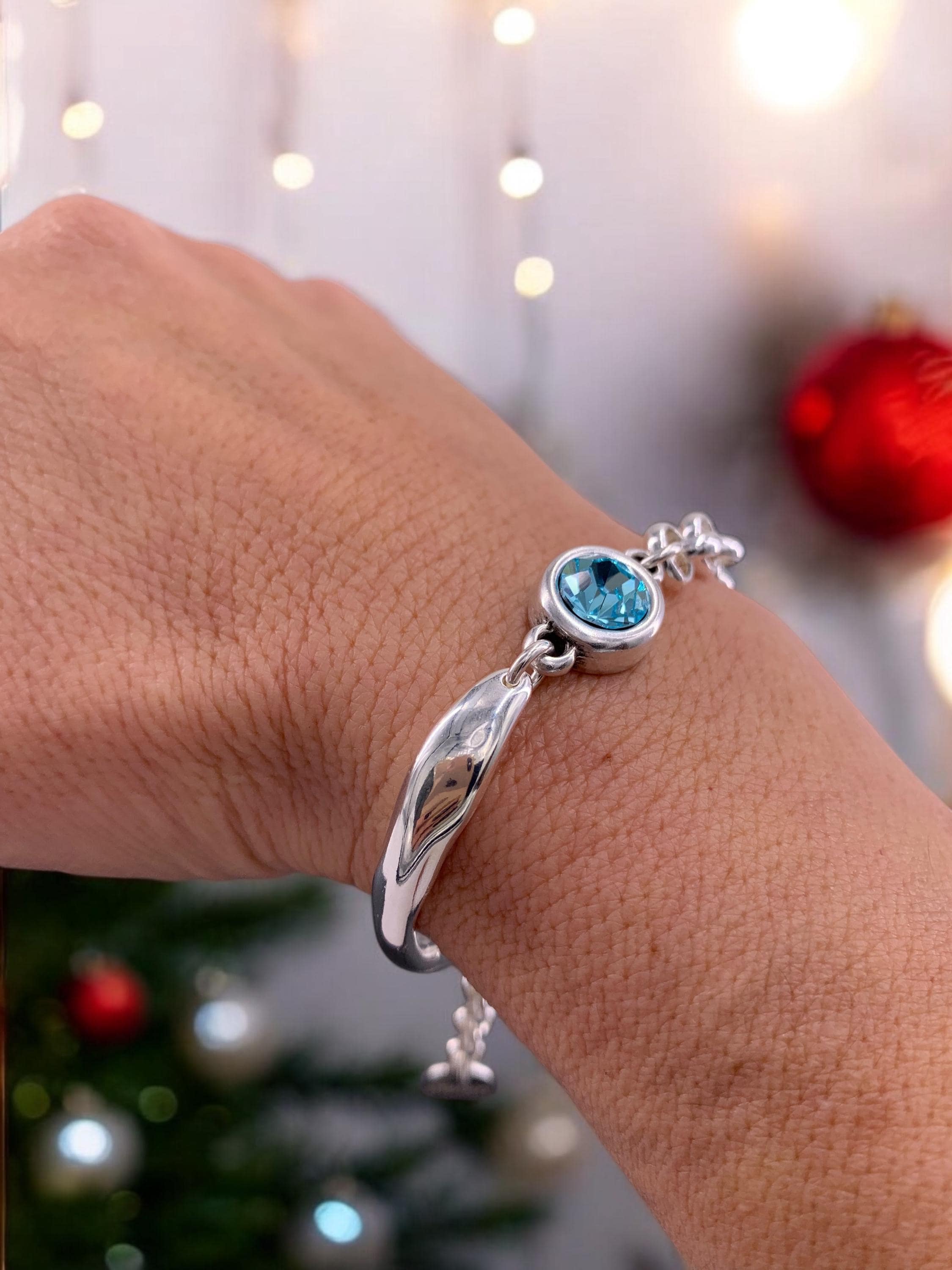 Chunky Silver Bracelet – Swarovski Crystal Connector – Mixed Chain & half cuff design – Handmade Kukuri Jewelry