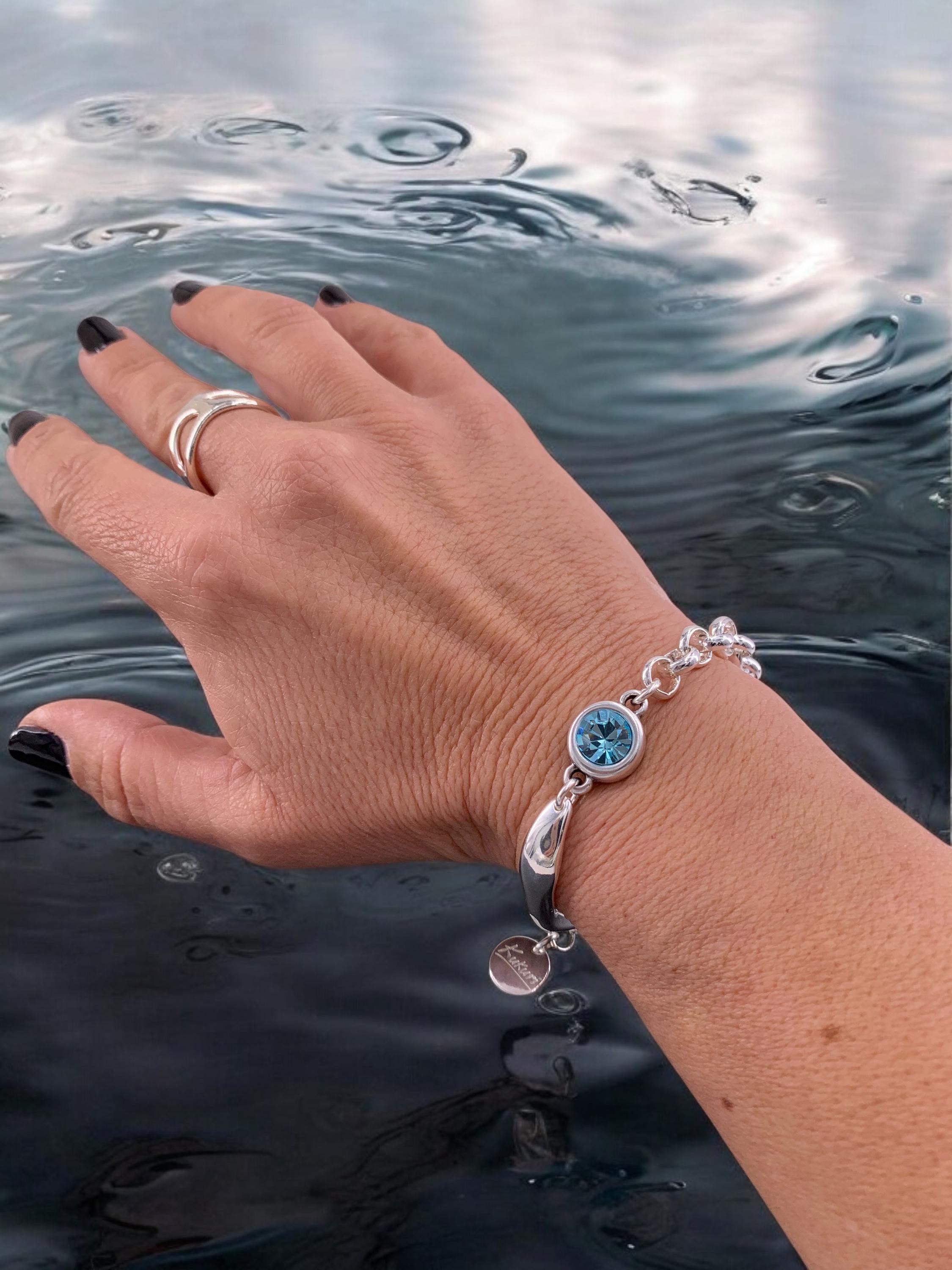 Chunky Silver Bracelet – Swarovski Crystal Connector – Mixed Chain & half cuff design – Handmade Kukuri Jewelry