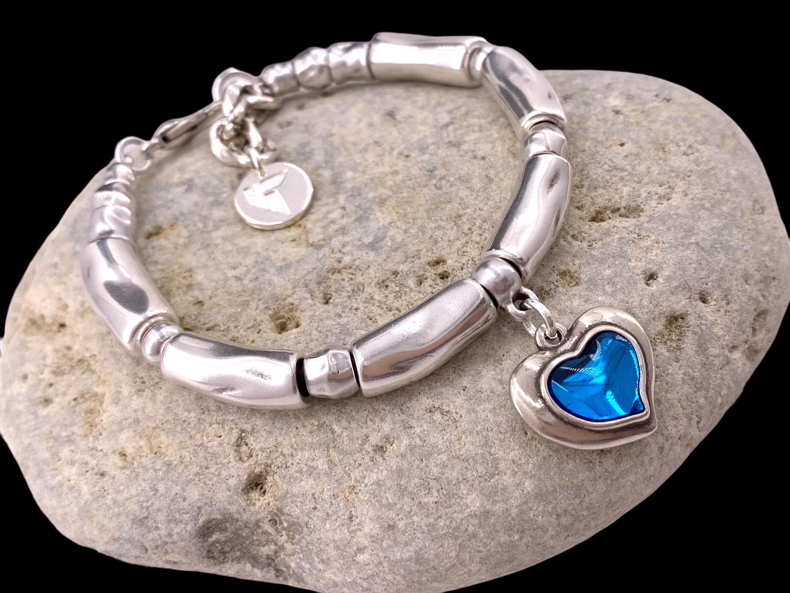 Chunky Silver Bracelet – Blue Heart Pendant – Adjustable bold cuff – Statement Handmade Kukuri Jewelry