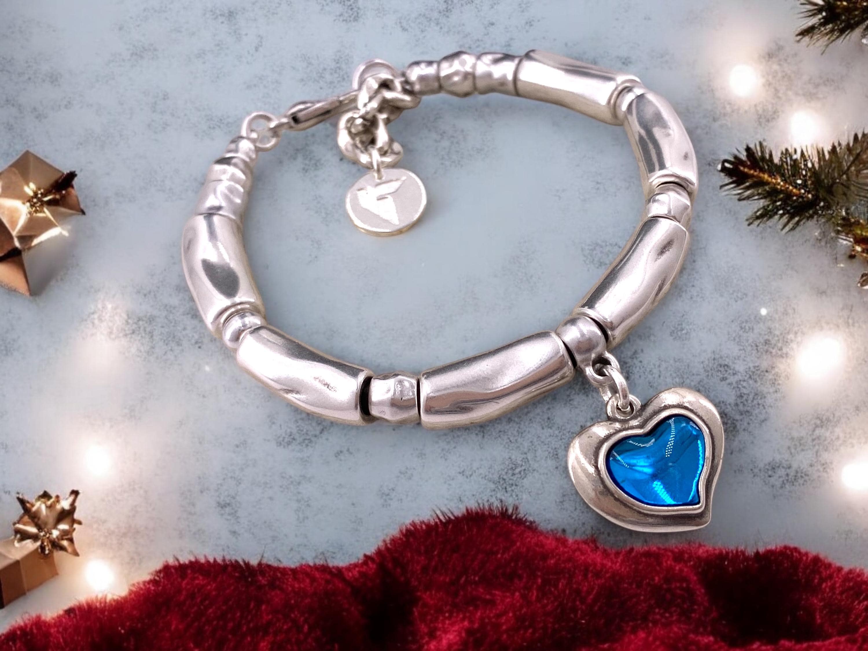 Chunky Silver Bracelet – Blue Heart Pendant – Adjustable bold cuff – Statement Handmade Kukuri Jewelry