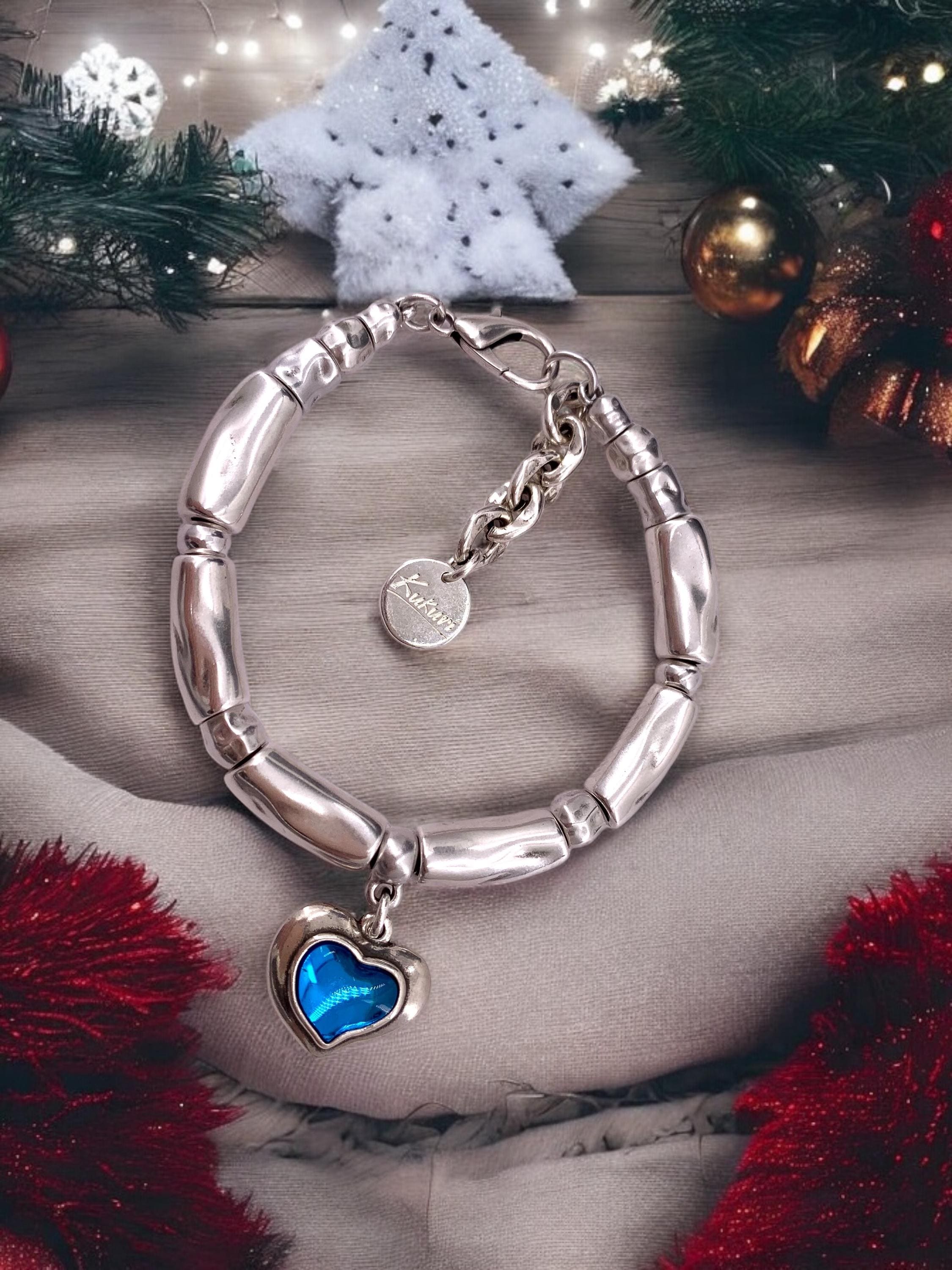 Chunky Silver Bracelet – Blue Heart Pendant – Adjustable bold cuff – Statement Handmade Kukuri Jewelry