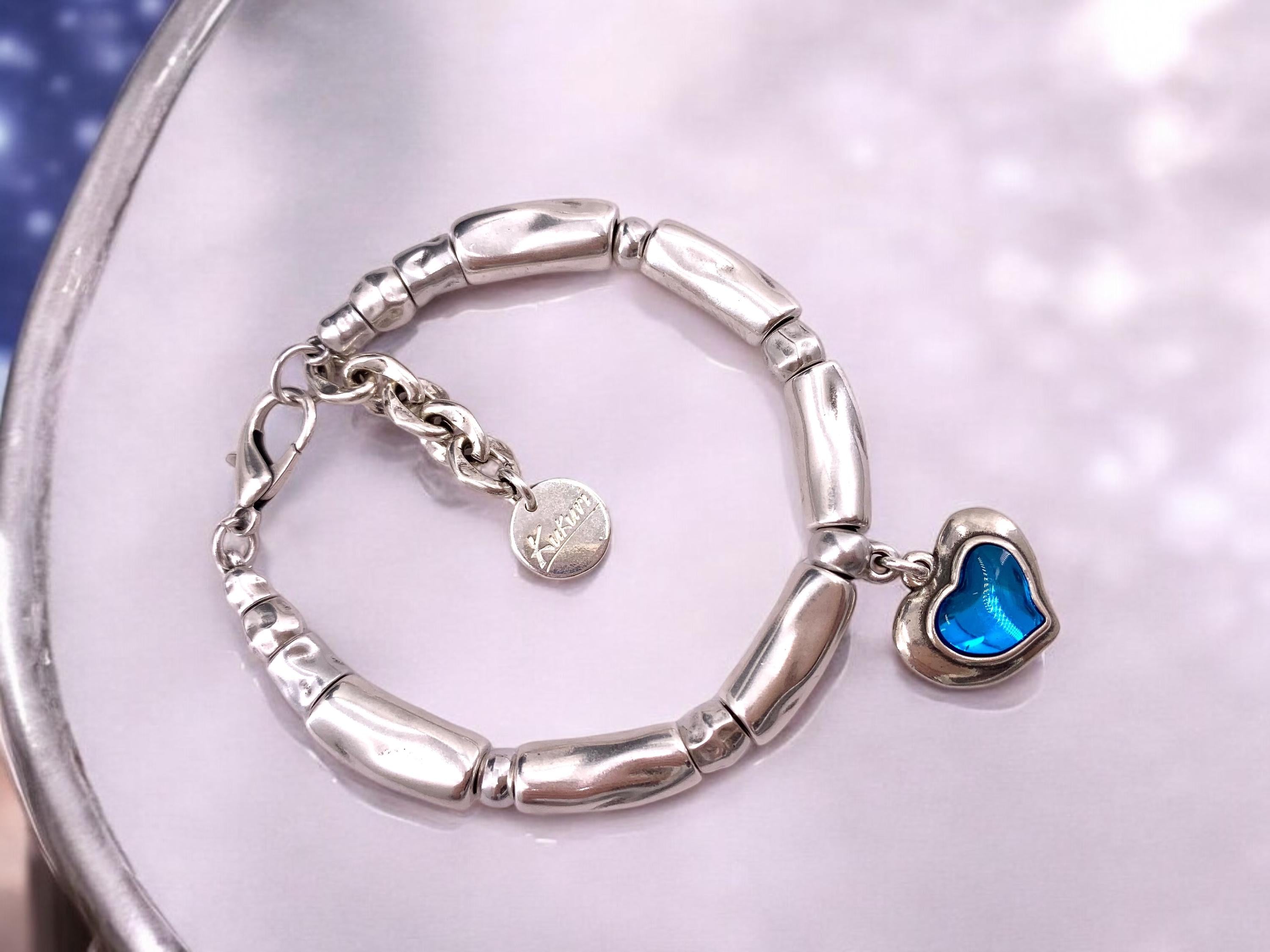 Chunky Silver Bracelet – Blue Heart Pendant – Adjustable bold cuff – Statement Handmade Kukuri Jewelry