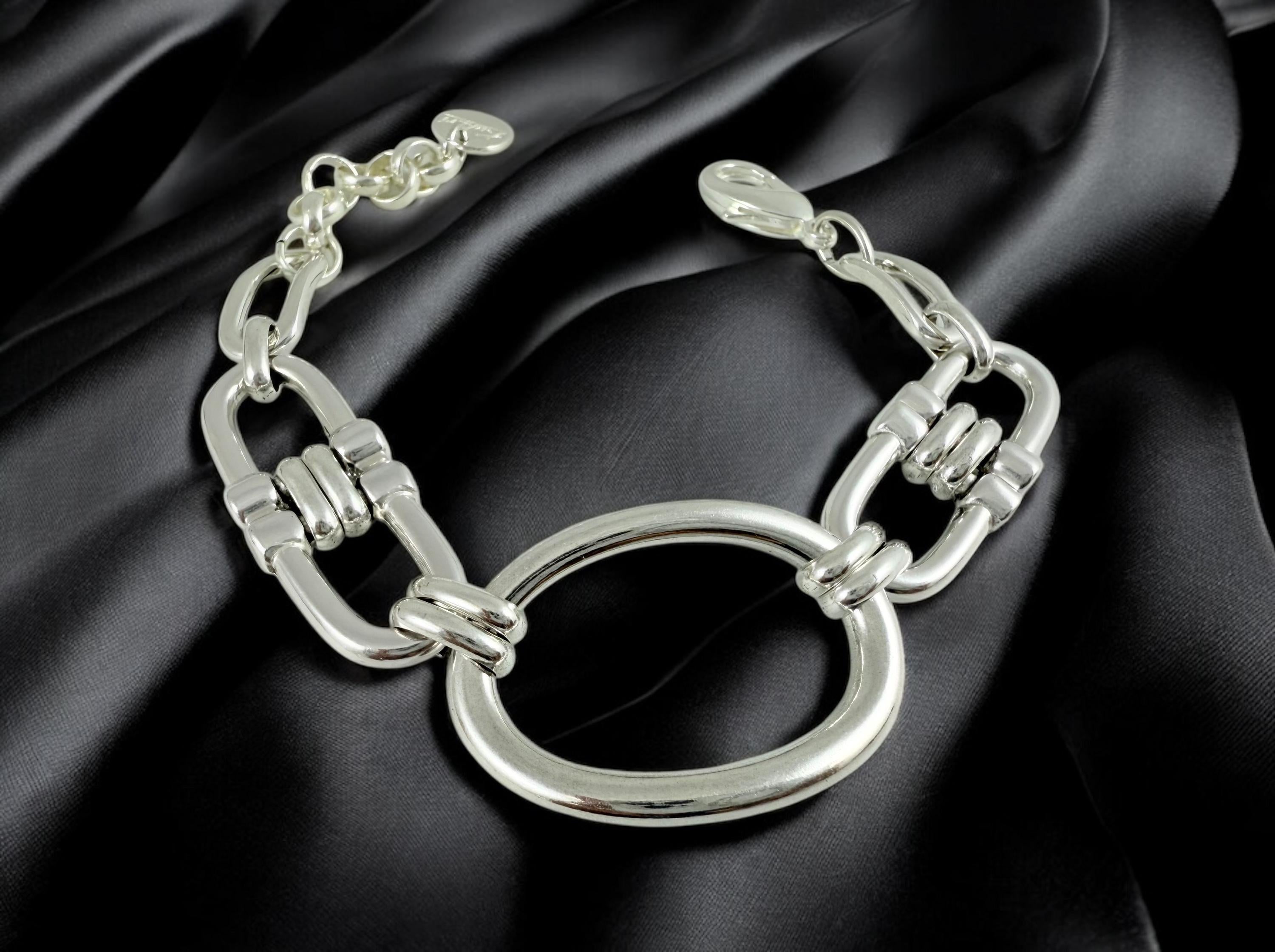 Silver oversized oval link chunky chain bracelet, adjustable large wrist cuff, bold statement jewelry