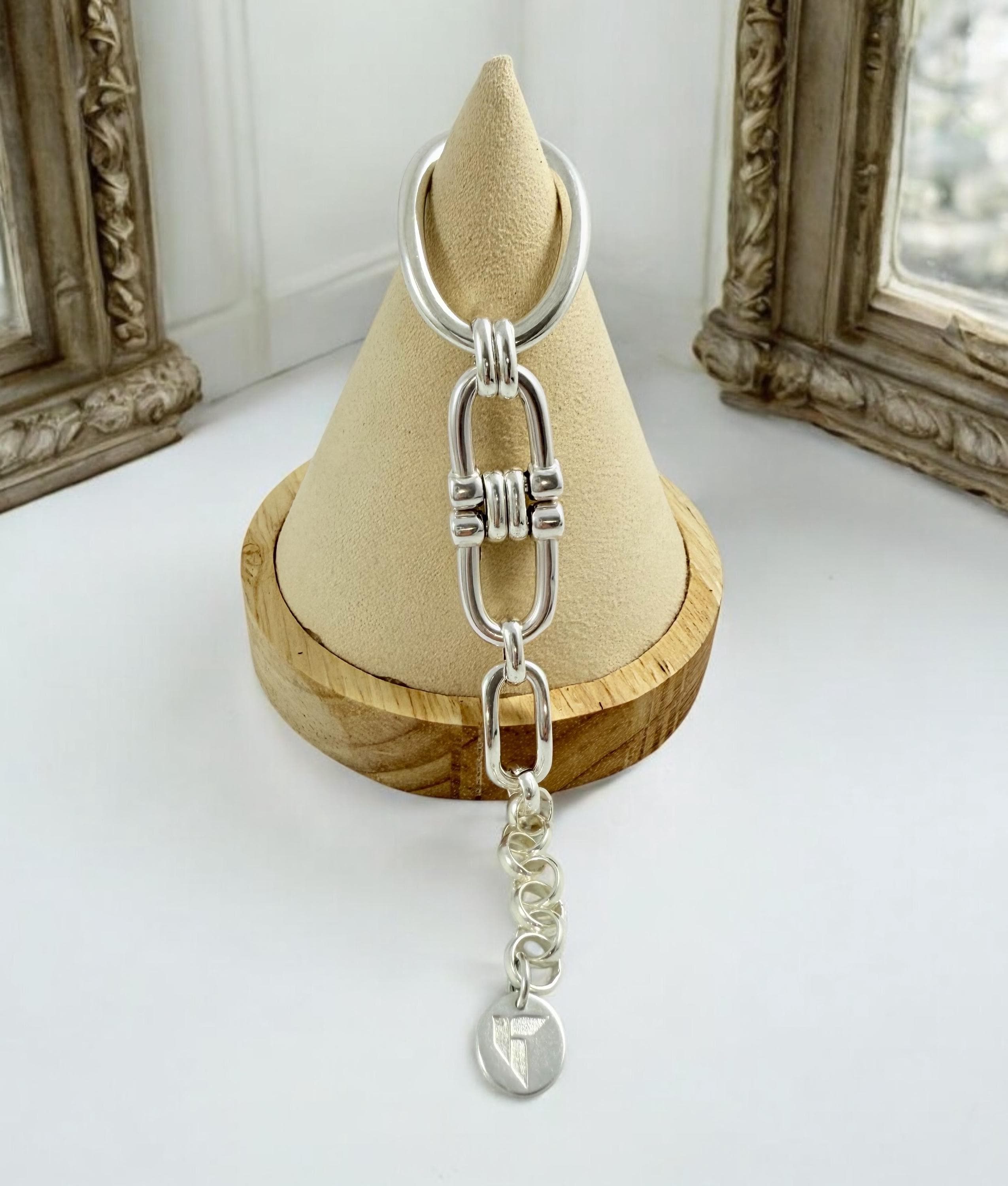 Silver oversized oval link chunky chain bracelet, adjustable large wrist cuff, bold statement jewelry