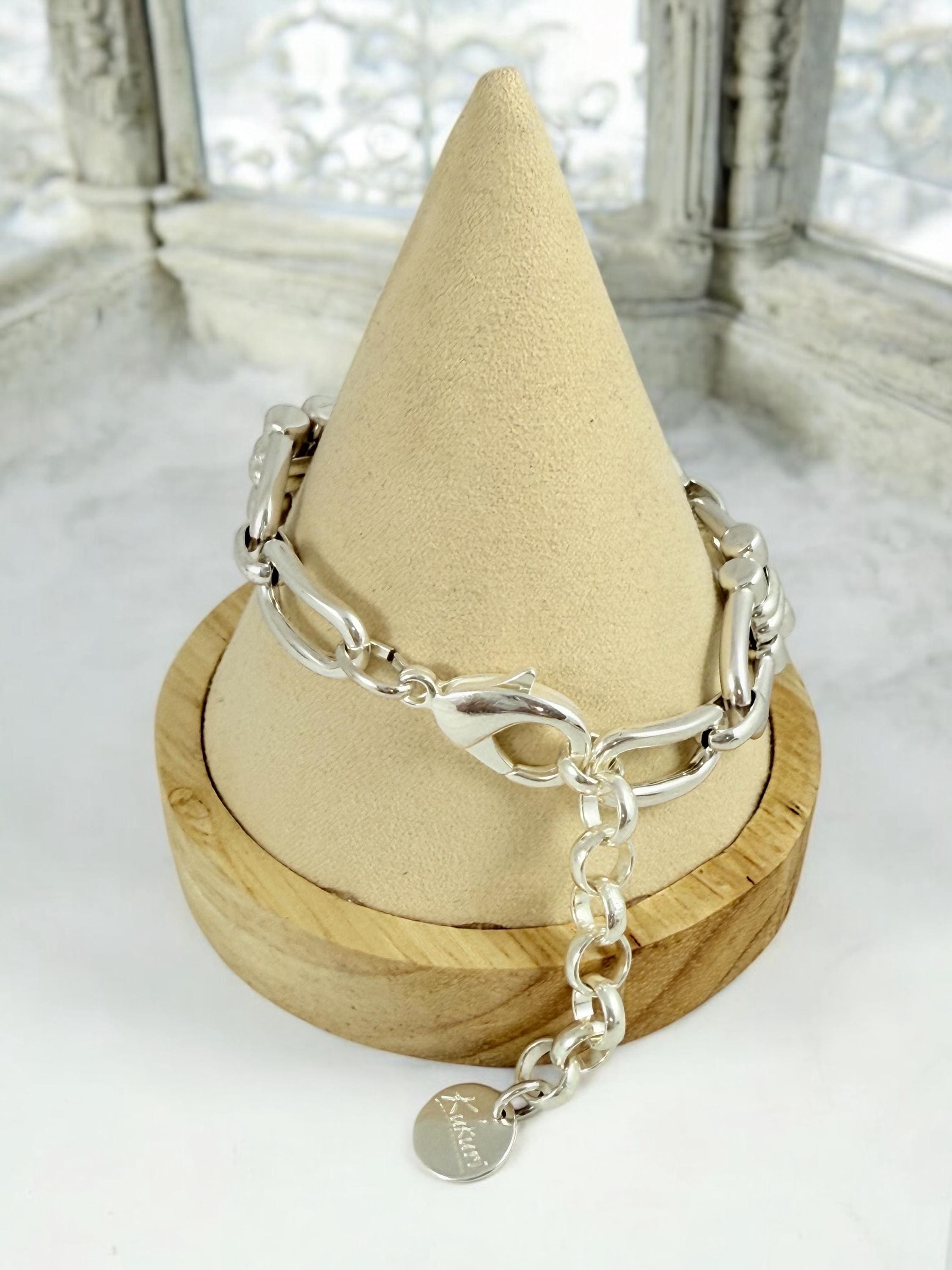 Silver oversized oval link chunky chain bracelet, adjustable large wrist cuff, bold statement jewelry