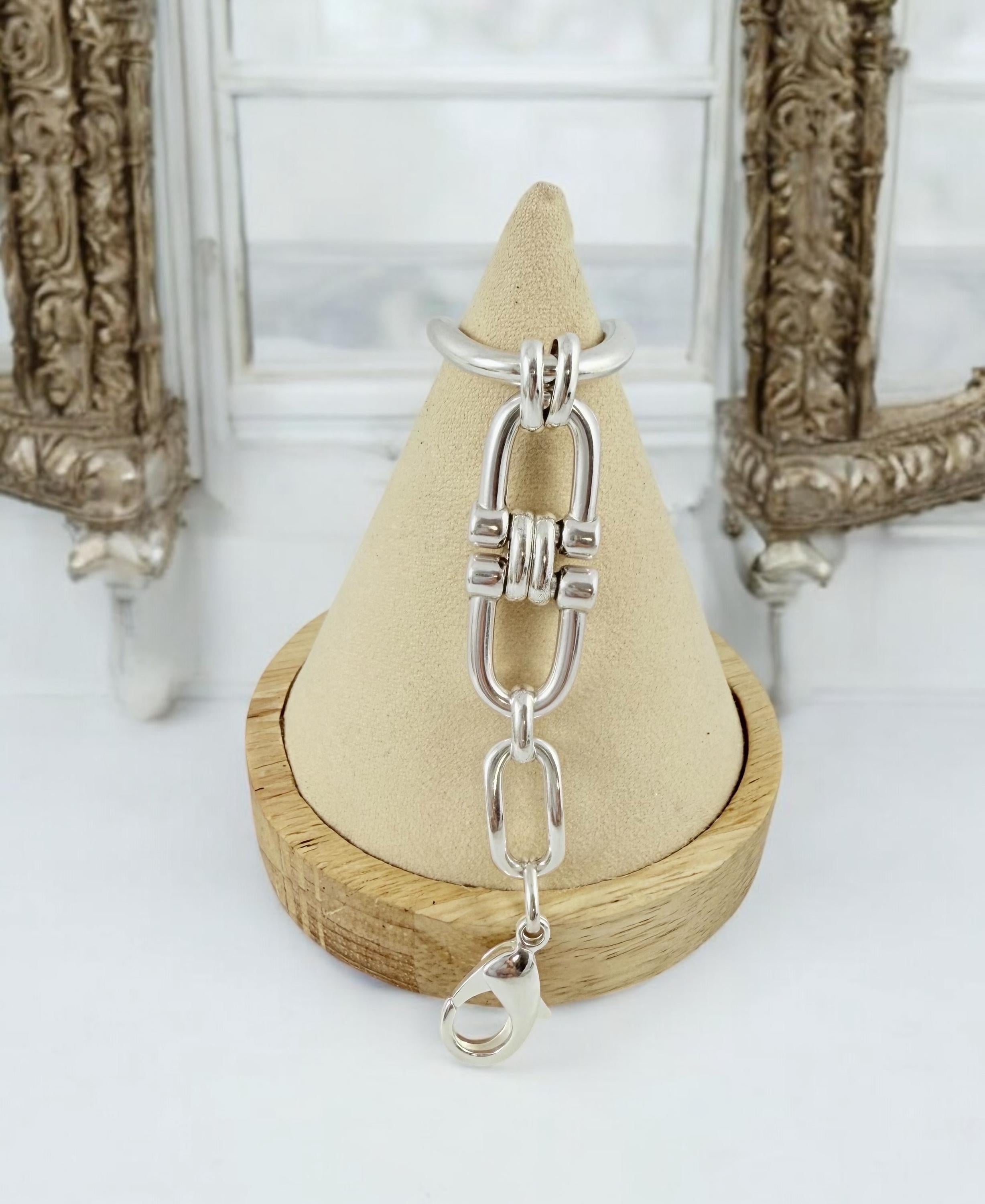 Silver oversized oval link chunky chain bracelet, adjustable large wrist cuff, bold statement jewelry