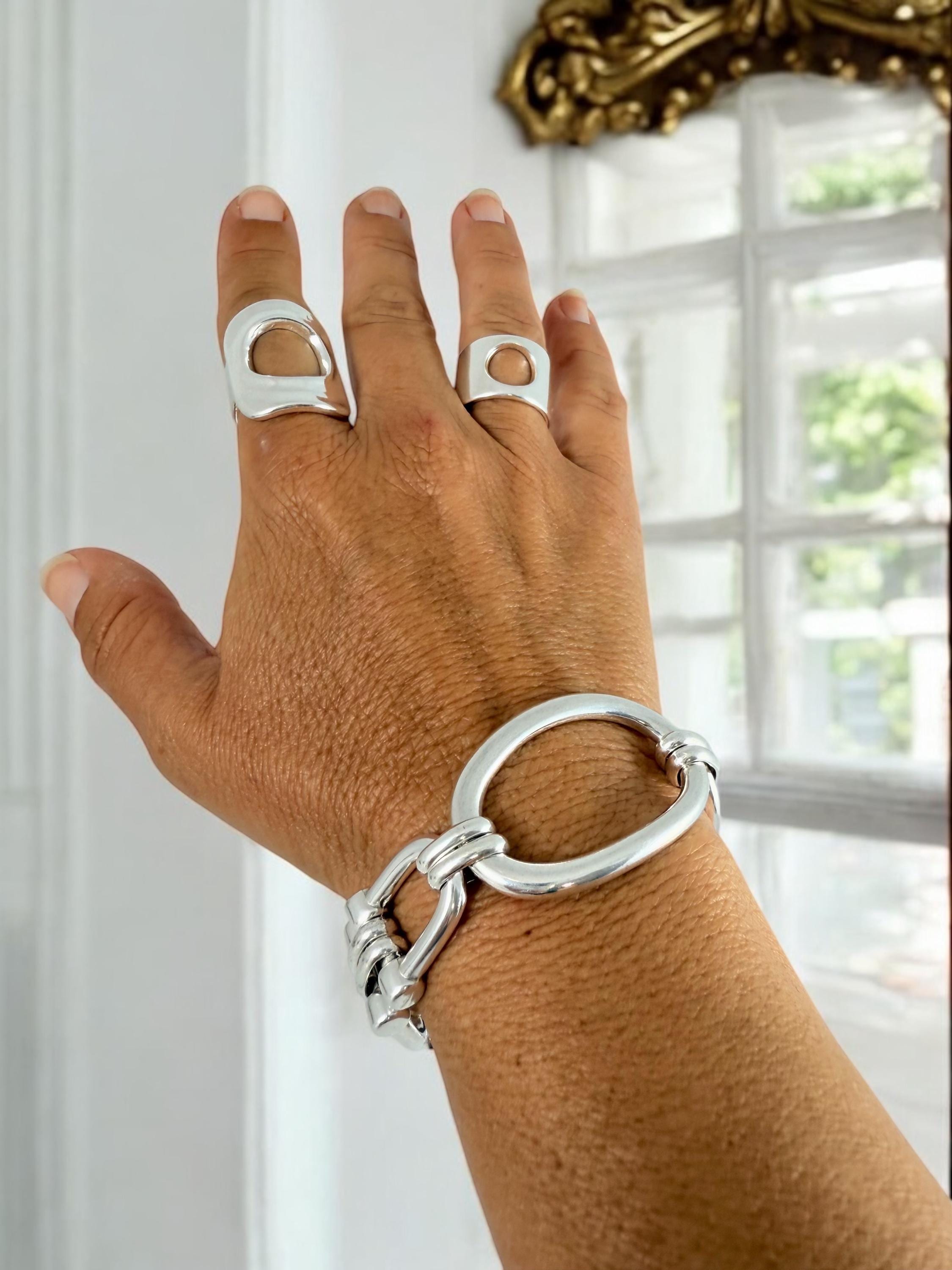 Silver oversized oval link chunky chain bracelet, adjustable large wrist cuff, bold statement jewelry