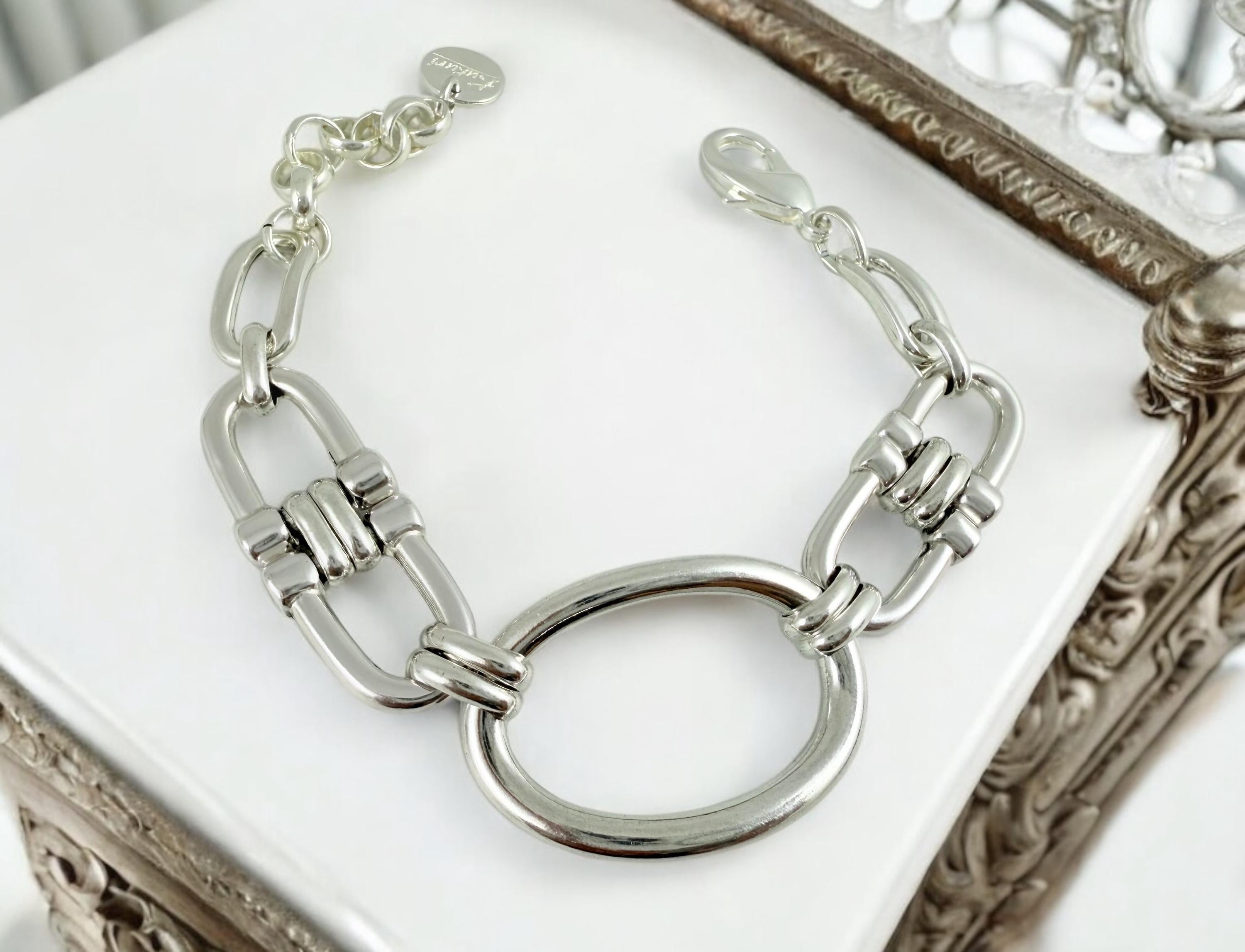 Silver oversized oval link chunky chain bracelet, adjustable large wrist cuff, bold statement jewelry