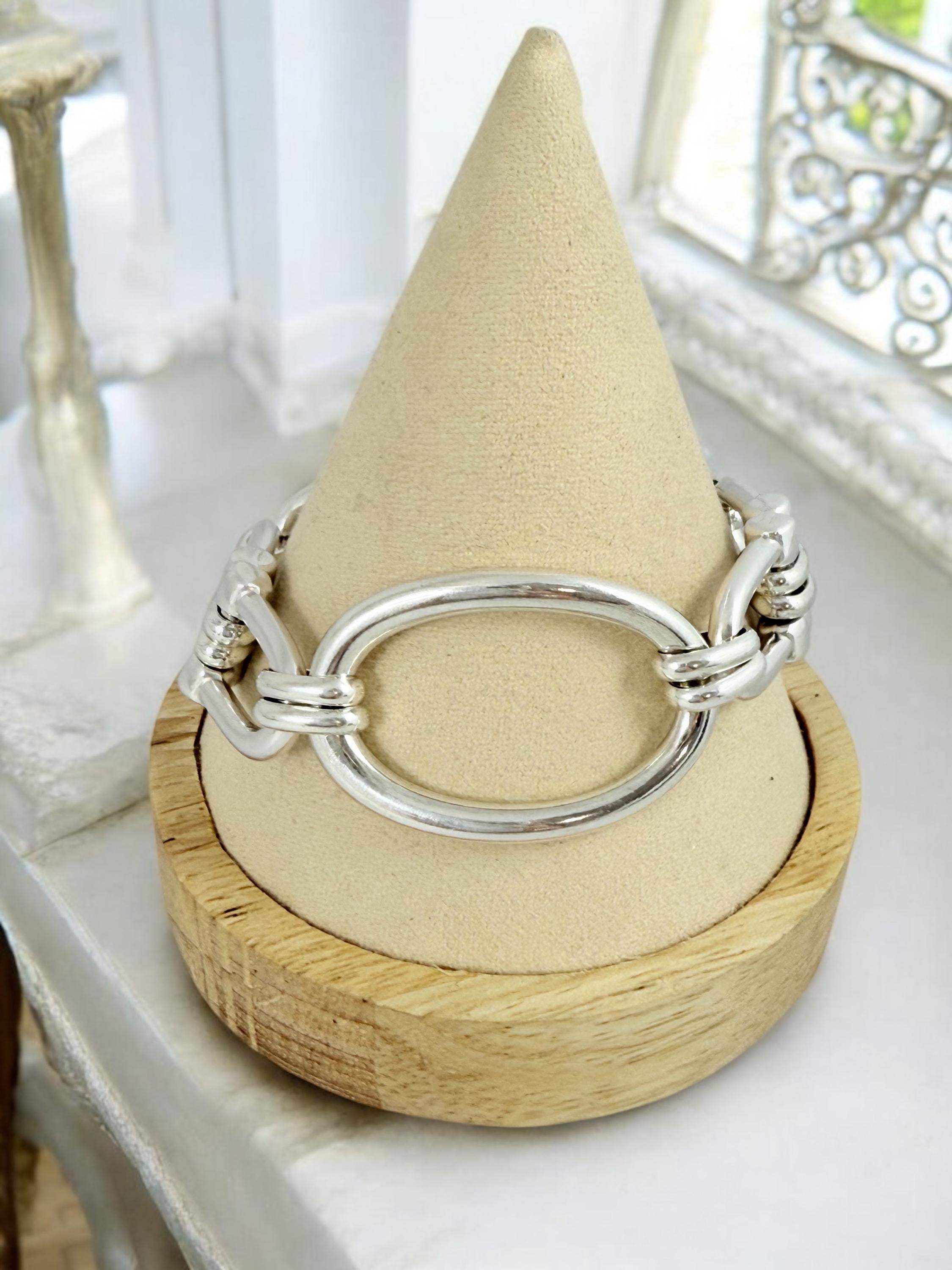 Silver oversized oval link chunky chain bracelet, adjustable large wrist cuff, bold statement jewelry