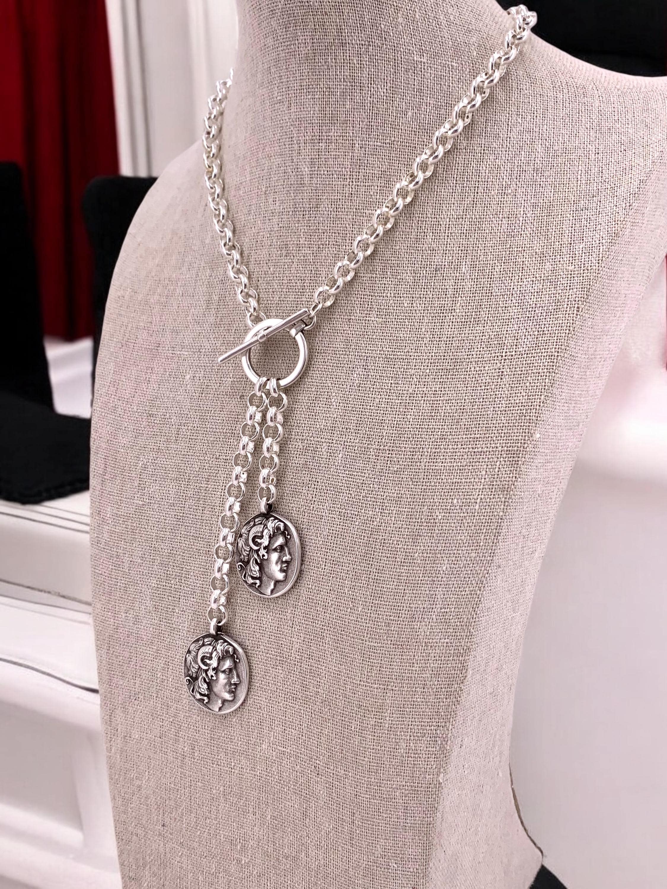 Chunky Silver Lariat Necklace – Greek Coin Pendants – Toggle Clasp – Handmade Kukuri Jewelry